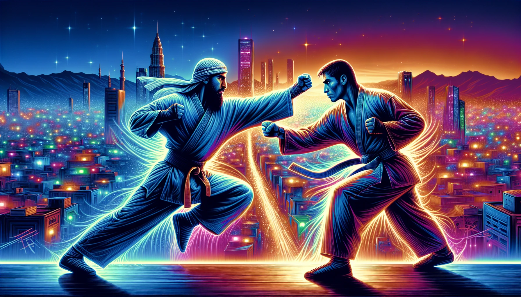 Capture a breathtaking scene of two martial artists locked in an explosive hand-to-hand combat, their bodies entwined in dramatic poses. The backdrop is a vibrant urban environment at twilight, with neon lights casting a colorful glow. Each fighter exhibits intense expressions of focus and determination, while their movements create a dynamic flow, accentuating the power and fluidity of martial arts in action.