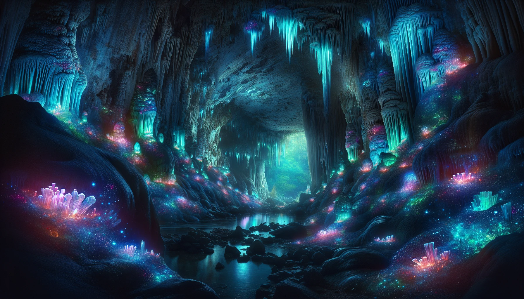 Mystical Luminescent Caverns    
Dive into a breathtaking underworld where luminous fungi and radiant crystals blanket rugged cave walls. Vivid blues, purples, and greens dance in harmony with the shadows, casting an ethereal glow that highlights dripping stalactites. Wisps of bioluminescent light float gently in the air, illuminating the path to hidden alcoves filled with ancient secrets. This enchanting scene invites explorers to lose themselves in its mesmerizing beauty.