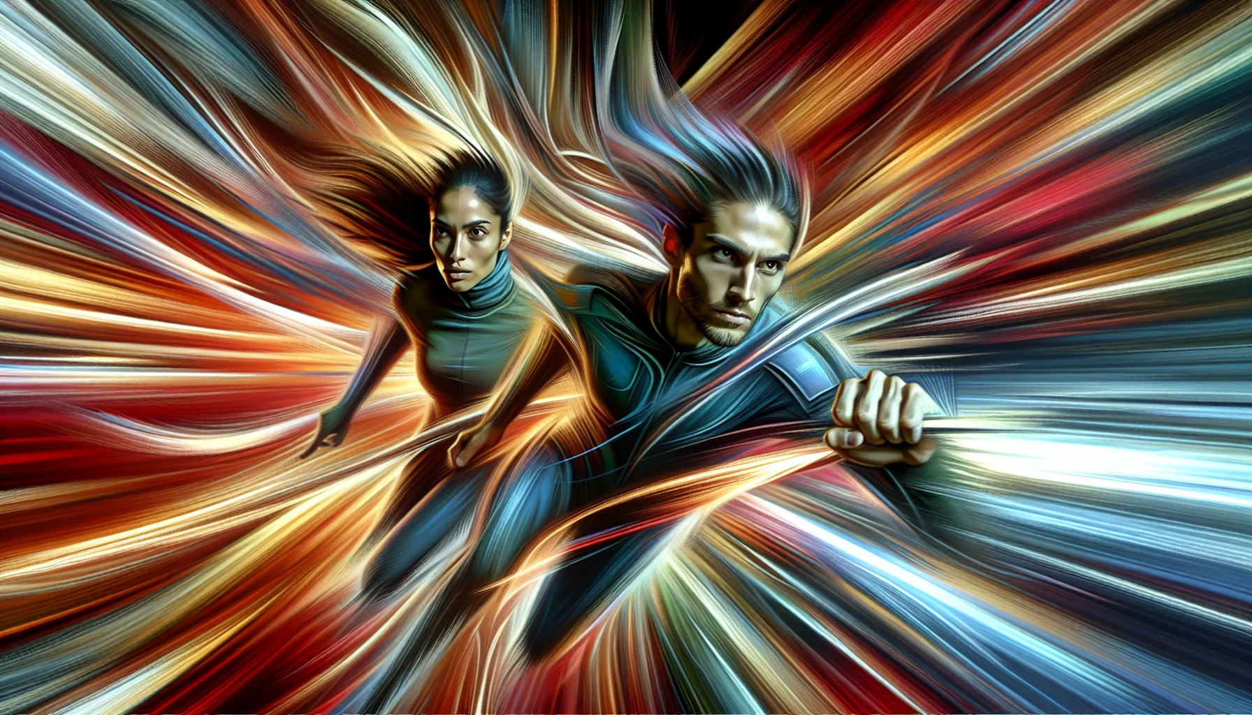 Capture a mesmerizing action scene where characters are portrayed mid-motion, surrounded by vibrant, stylized speed lines that emphasize their agility. The background blurs into a whirlwind of colors, echoing the intensity of the moment. Each character exudes unique energy, their expressions fierce and determined, as they navigate through this exhilarating landscape, creating a stunning visual that embodies the thrill of movement and excitement.