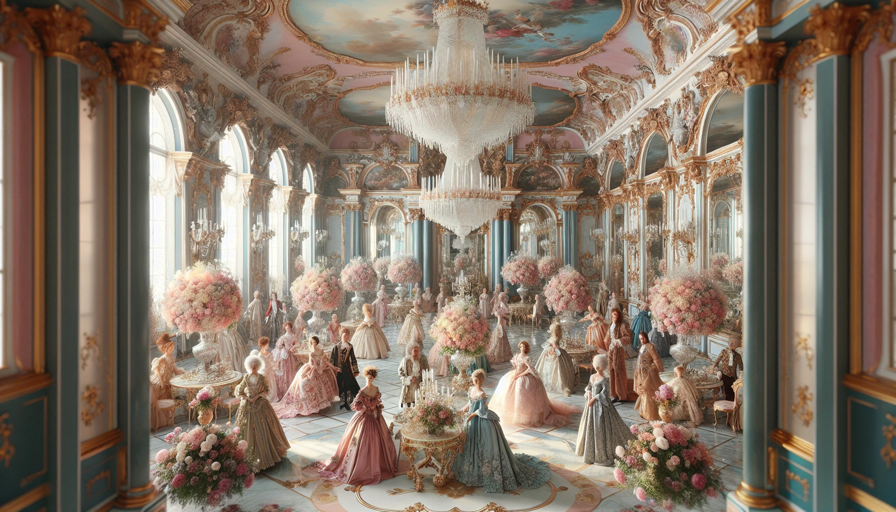 Envision an opulent Rococo ballroom, where gilded mirrors reflect shimmering chandeliers adorned with crystal droplets. Delicate pastel hues of pink and blue intertwine with intricately carved furniture, creating an atmosphere of lavish elegance. Lush floral arrangements burst forth from ornate vases, while elegantly dressed figures in flowing gowns and embroidered coats dance gracefully across the polished marble floor, embodying the playful spirit of this enchanting era.