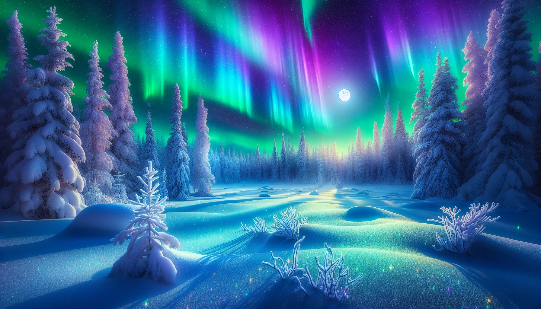 A breathtaking winter landscape unfolds beneath a dazzling aurora borealis, casting vibrant colors across a tranquil snowfield. Snowflakes glisten like diamonds in the moonlight as the ethereal greens and purples of the aurora ripple overhead. Pine trees, dusted with fresh snow, stand sentinel around the serene scene, while a gentle breeze whispers through the stillness of the night, inviting one to lose themselves in nature’s splendor.