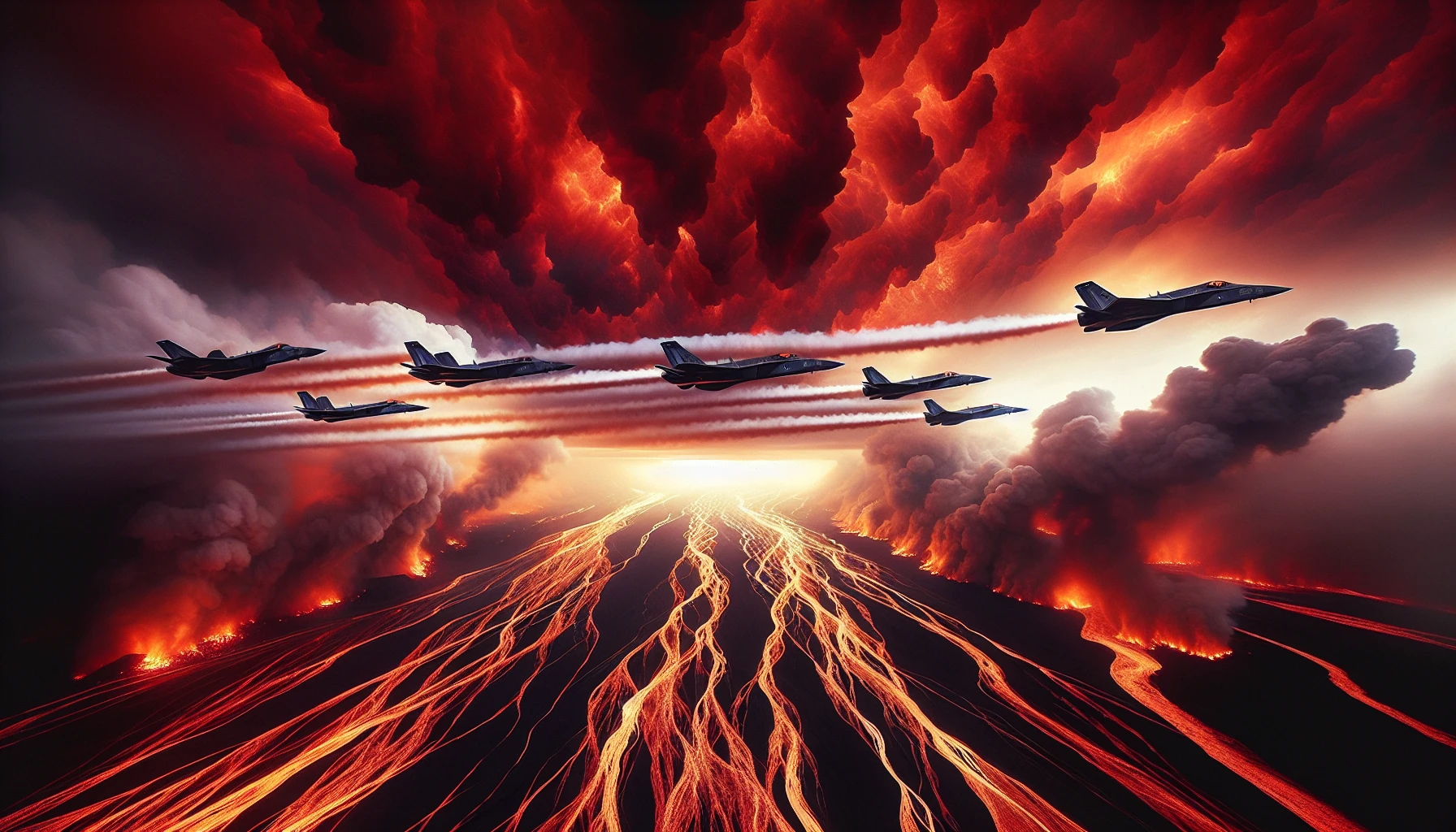 A dramatic scene unfolds as sleek fighter jets soar above a fiery landscape, trailing smoke and flames against a backdrop of an orange and red sky. The earth below is a chaotic mix of molten lava and dark ash, casting shadows that dance in the heat. Each jet, a powerhouse of technology and speed, contrasts with the raw, elemental fury, creating a breathtaking juxtaposition of man-made might and nature's wrath.