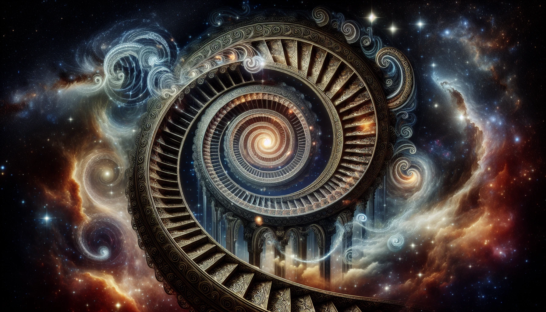 Picture a grand spiral staircase, intricately designed, spiraling endlessly into a cosmic void. The staircase, adorned with luminescent patterns, appears to defy gravity, while dark, swirling clouds and distant stars create a mesmerizing backdrop. As you gaze deeper, the edges of the staircase blur into an ethereal light, inviting you to explore the mysteries of the universe, where reality meets the surreal in a dance of shadows and brilliance.