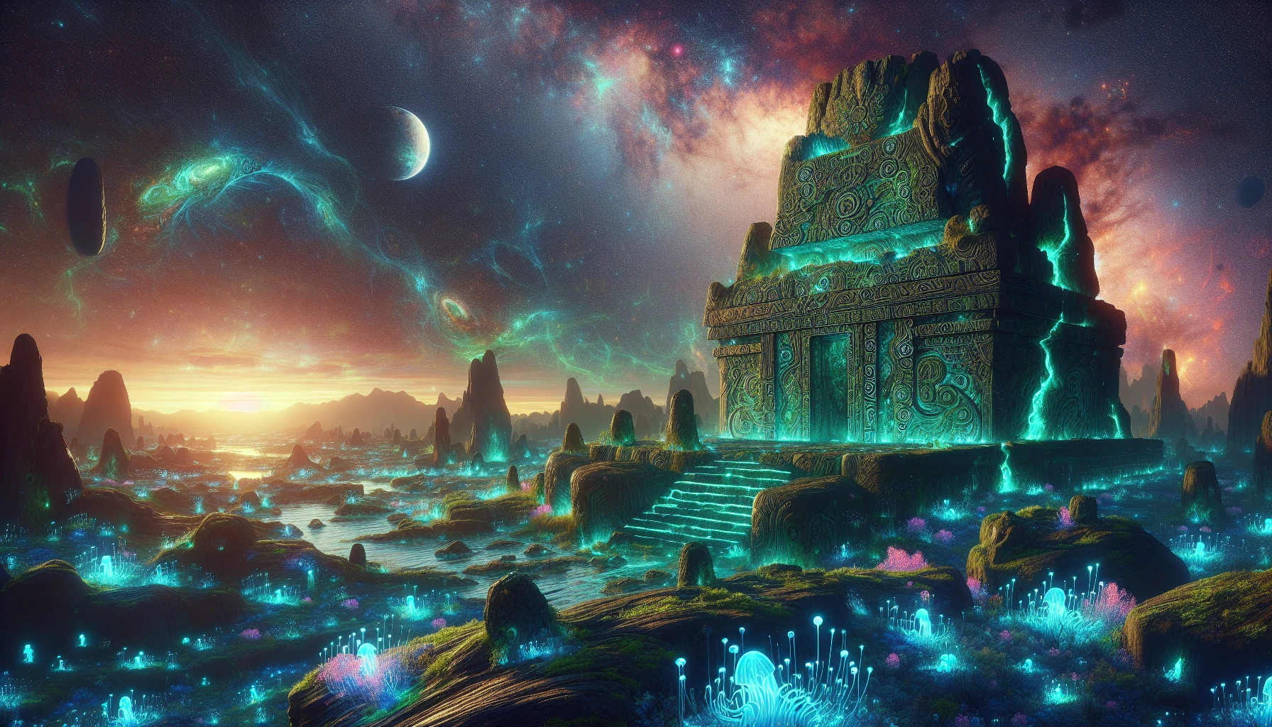 In a distant world, an ancient alien temple stands in majestic solitude, its crumbling stone adorned with intricate, luminous carvings. Surrounding it, bioluminescent plants pulse in vibrant hues of blue and green, casting an ethereal glow on the weathered ruins. The sky is a deep twilight with swirling galaxies, while strange creatures peek from behind the foliage, creating an atmosphere of wonder and mystery.