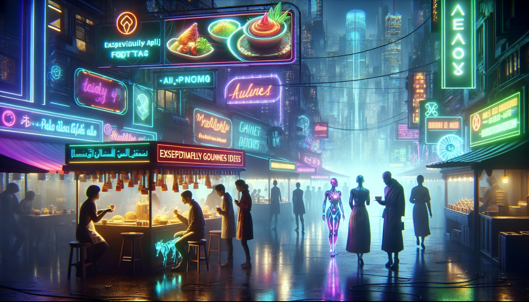 Step into a bustling cyberpunk marketplace, where AI-powered vendors showcase their futuristic wares amidst a riot of neon colors. Food stalls glow under pulsating lights, offering exotic delicacies that waft delicious aromas into the misty air. Holographic advertisements flicker with vibrant hues, creating a dreamscape of technology and culture. The atmosphere buzzes with energy, as diverse patrons navigate this surreal urban wonderland, lost in their digital realms.