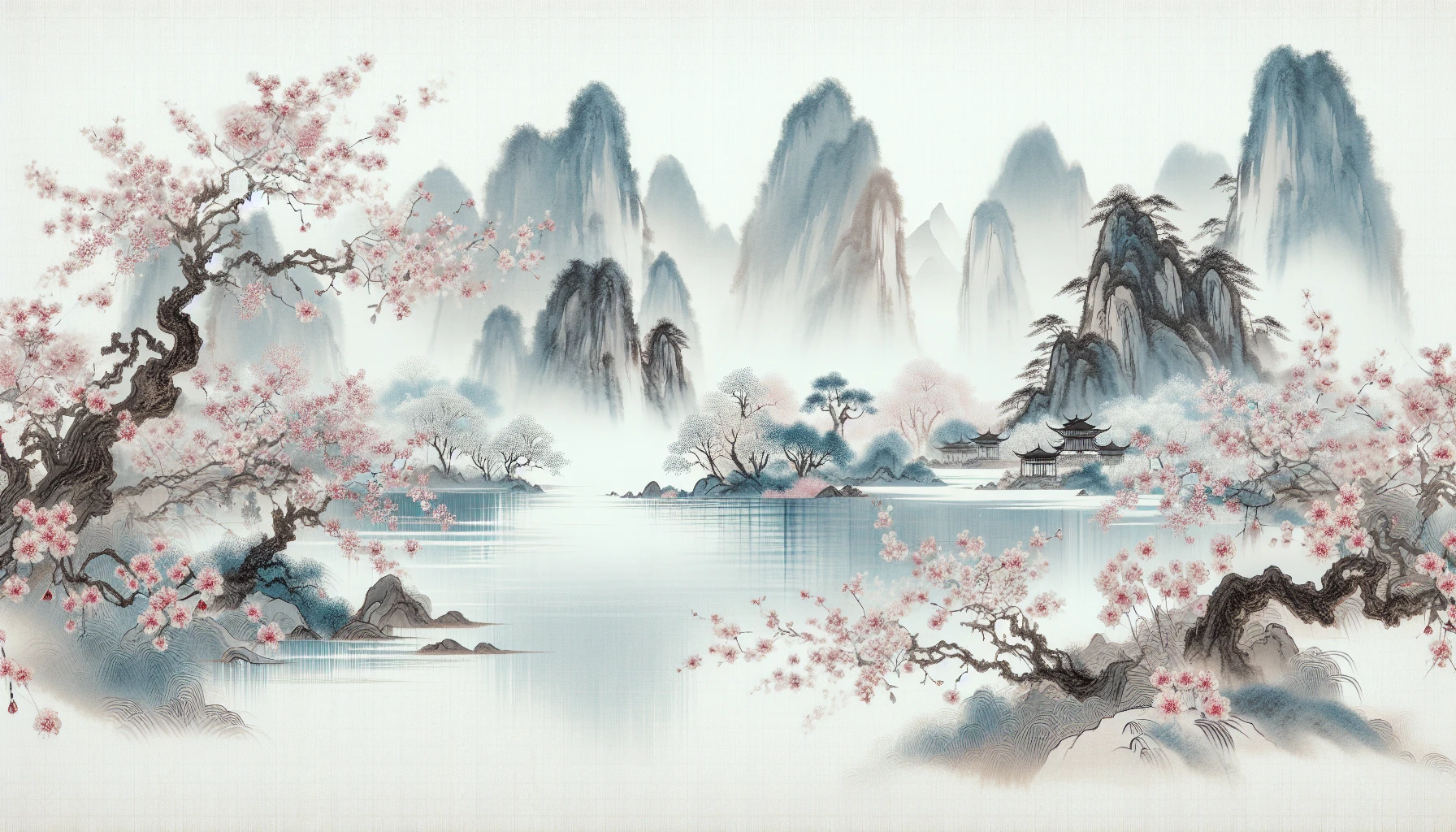 Imagine a stunning landscape painted in the delicate strokes of Chinese ink, where cherry blossoms gracefully drift in the breeze over a serene pond. Mountains rise majestically in the background, shrouded in mist. The scene captures the essence of tranquility, blending traditional techniques with a vibrant palette that breathes life into the ink, evoking a sense of peace and harmony.