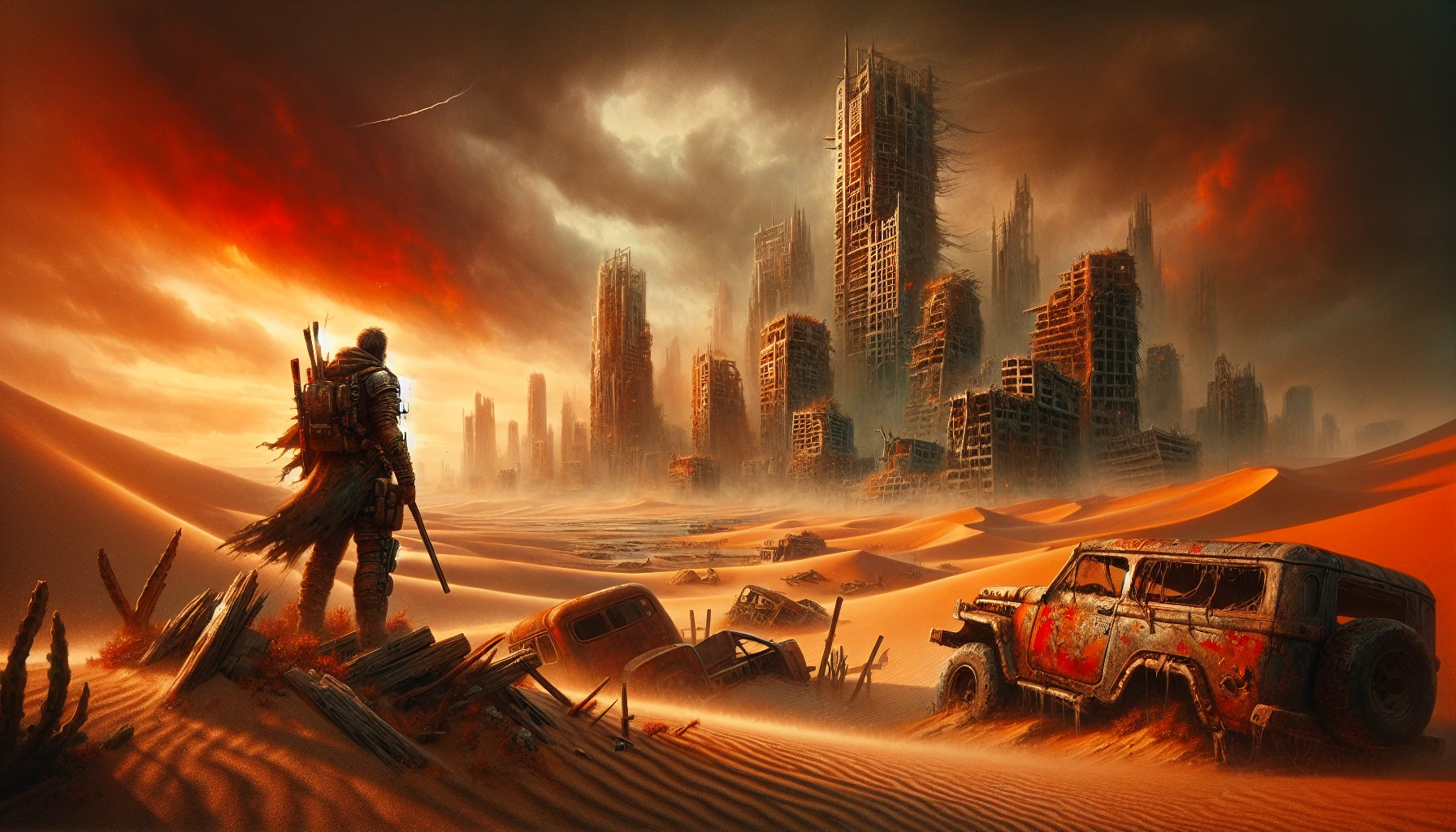 In a desolate landscape where crumbling skyscrapers emerge from a sea of sand, a lone survivor clad in tattered armor scavenges for resources. The sky is a tumultuous swirl of orange and crimson, hinting at the chaos that once reigned. Rusted vehicles lie abandoned, overgrown with resilient vines, while the distant sound of a thunderstorm signals an impending struggle against nature's wrath in this unforgiving world.