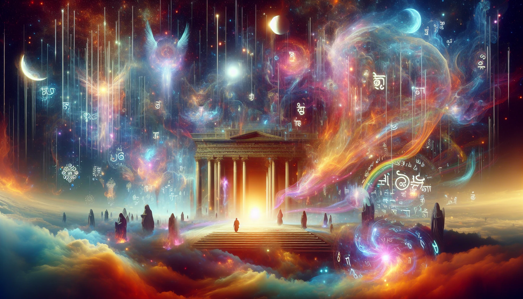 A surreal landscape emerges, where celestial beings envelop a majestic temple bathed in ethereal light. Streams of vibrant colors flow from the heavens, intertwining with ancient texts that float in the air, whispering secrets of the universe. Shadows of prophetic figures loom, shrouded in mystery, while radiant symbols hover, representing truths yet to be revealed. The atmosphere pulsates with energy, inviting viewers into a realm where the known and unknown converge.