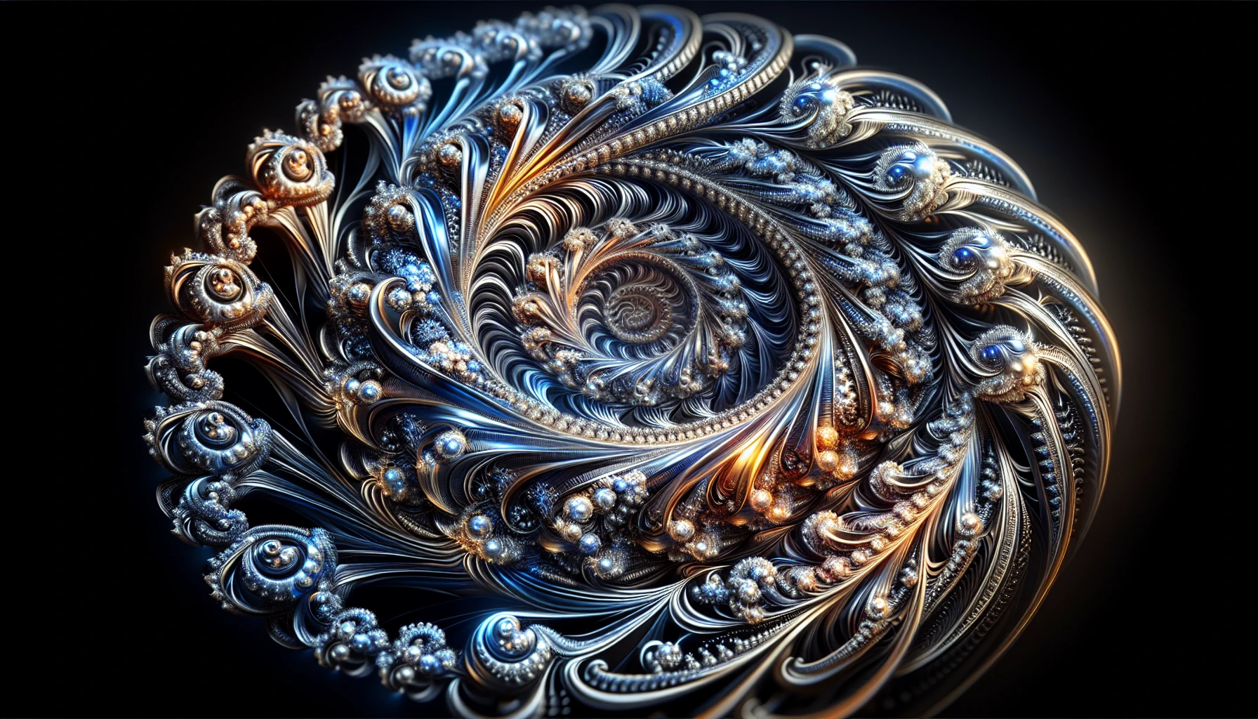 Dive into a mesmerizing world where intricate metallic fractals intertwine and dance, reflecting light in a kaleidoscope of color. Each layer shimmers with deep blues, radiant silvers, and hints of vibrant gold, creating a dynamic interplay of form and texture. The design encapsulates a futuristic essence, inviting viewers to explore the depths of its complexity and the beauty of its infinite patterns.