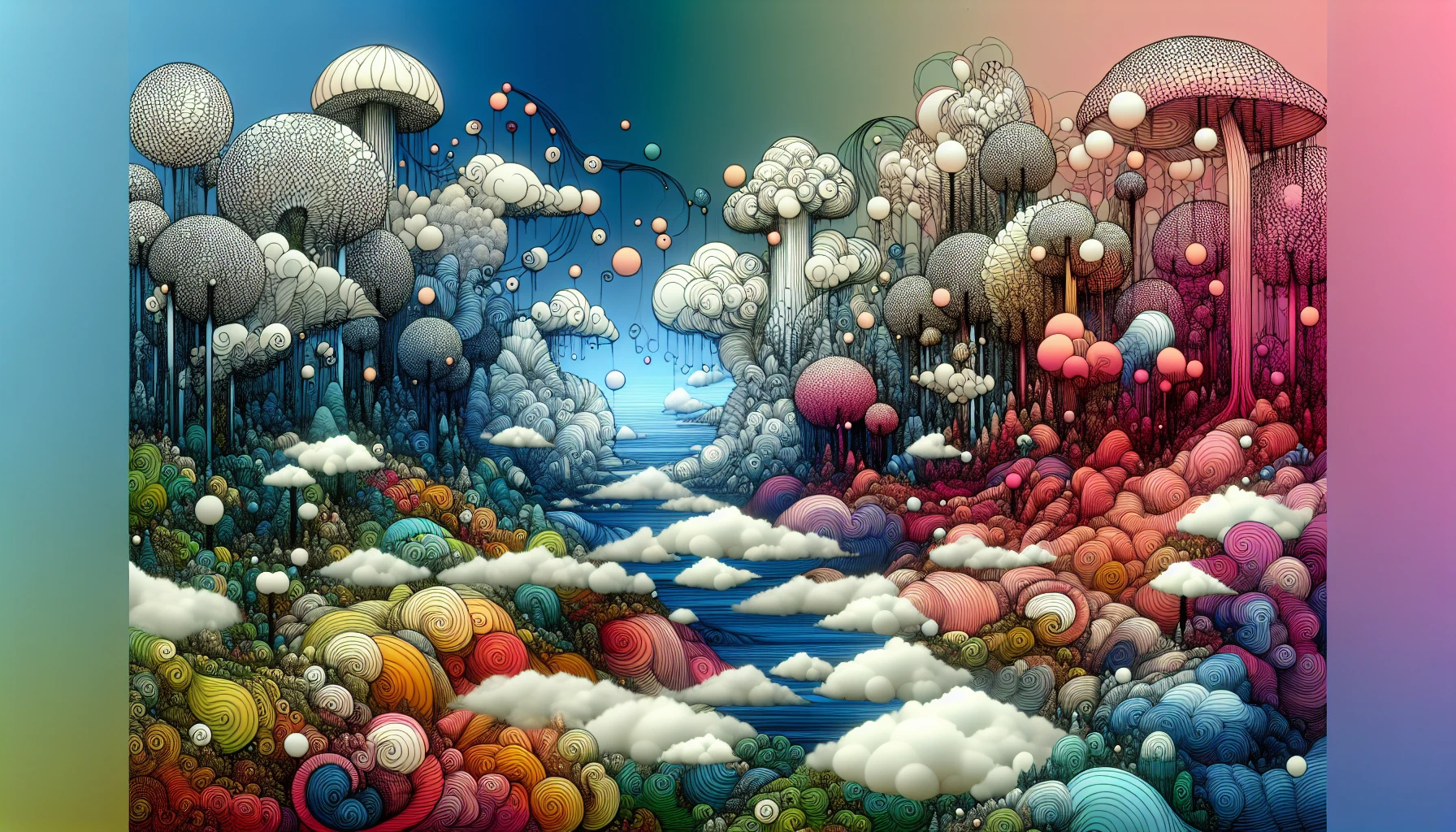 Imagine a vibrant world where hand-drawn elements spring to life, intertwining with surreal landscapes. Picture charmingly illustrated trees swaying gently, quirky creatures peeking from behind oversized mushrooms, and clouds that resemble soft cotton candy. Every corner reveals intricate sketches that blend seamlessly with vivid colors, creating an immersive experience full of wonder and creativity. Let this enchanting scene invite viewers into a dreamlike adventure.