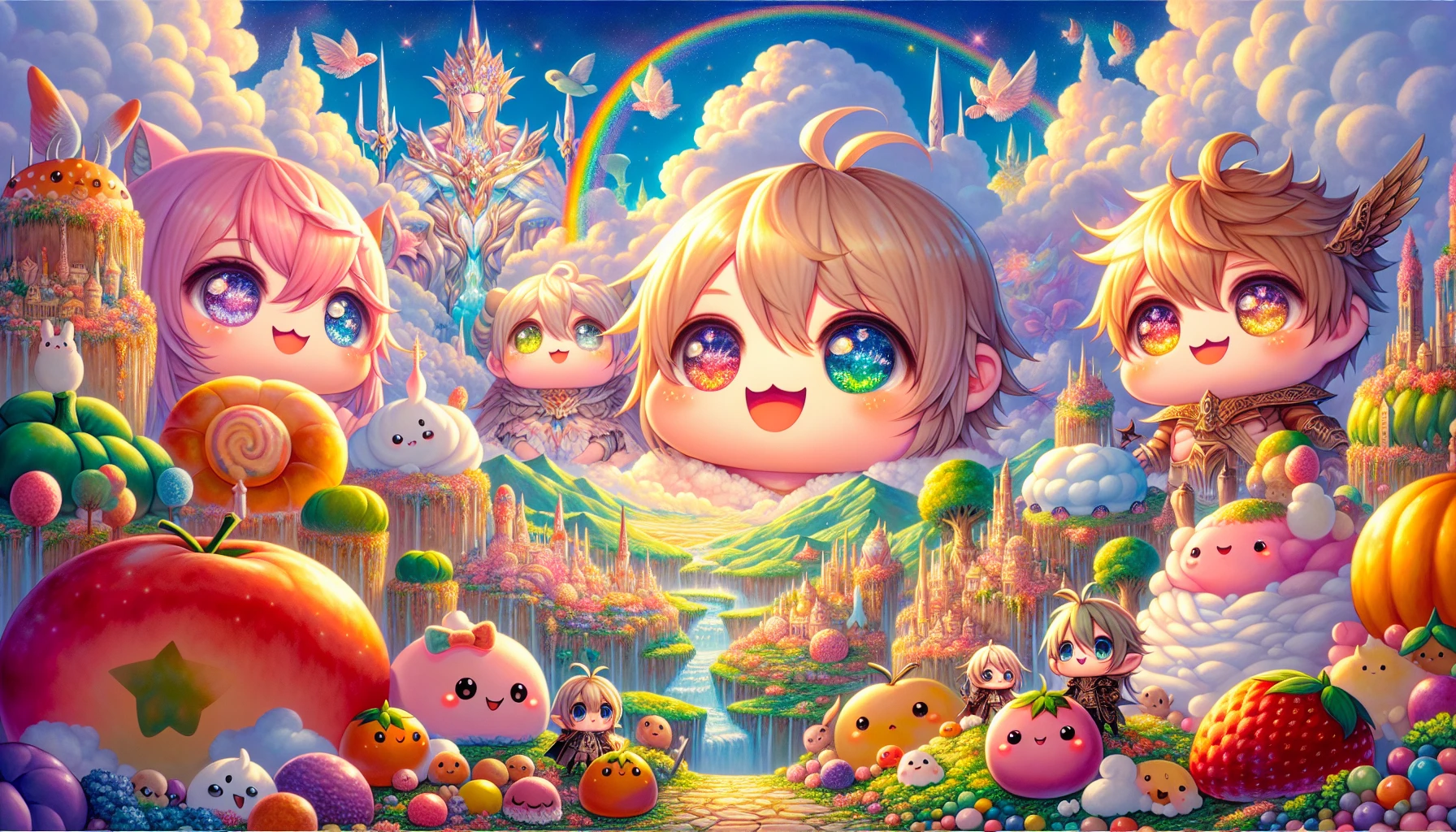 Imagine a whimsical world where chibi characters burst with joy and playfulness, their oversized heads and tiny bodies creating an adorable contrast. Bright colors splash across a vibrant landscape filled with oversized fruits and fluffy clouds. Each character’s exaggerated features amplify their emotions—gigantic sparkling eyes, cheeky grins, and tiny limbs—inviting viewers to step into this enchanting realm of charm and delight.