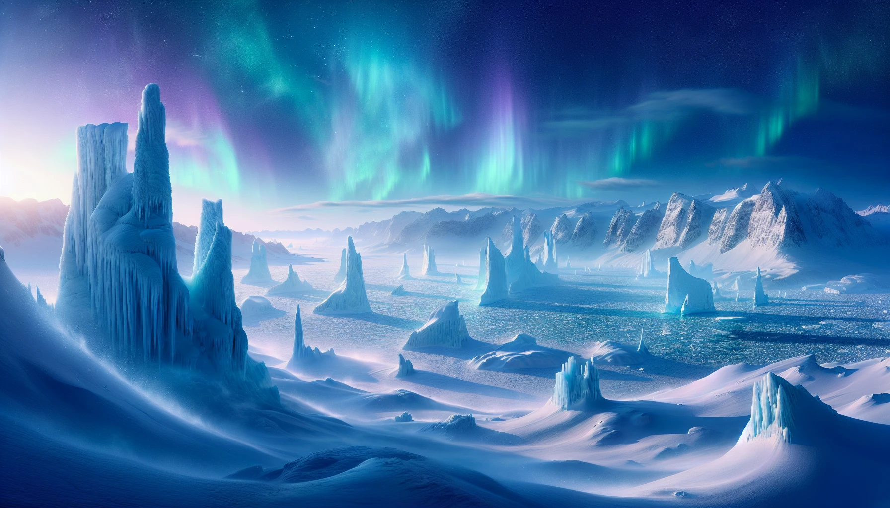 In a breathtaking landscape, towering ice spires emerge dramatically from a vast, snow-covered tundra. The scene is bathed in the soft, ethereal glow of the northern lights, casting mesmerizing colors across the icy terrain. A gentle breeze whirls snowflakes into the air, creating a sense of movement and wonder. In the distance, a solitary, majestic polar bear roams, embodying the resilience of life in this frigid realm.