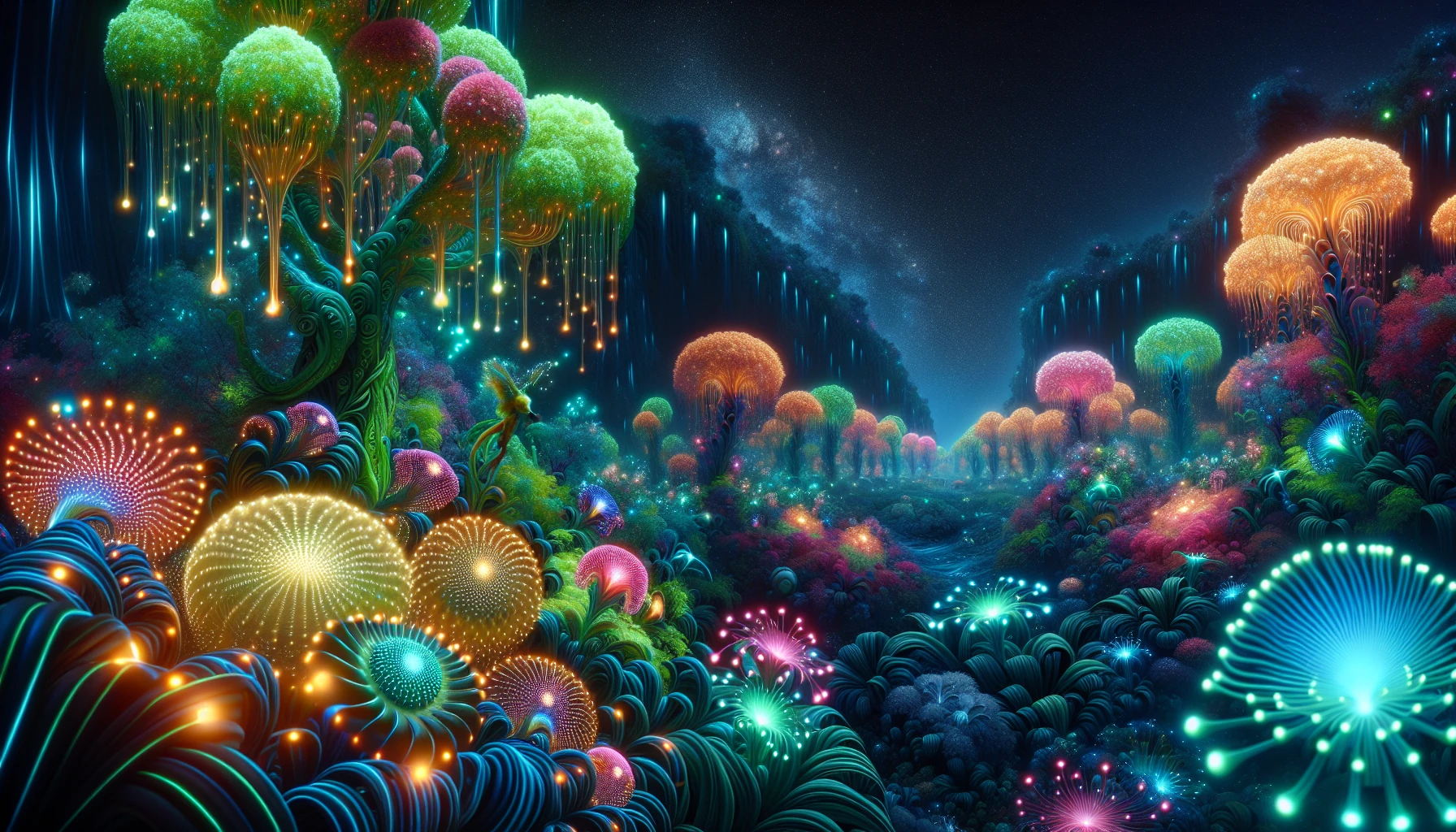 Immerse yourself in a surreal alien jungle where vibrant, luminescent plants and ethereal creatures coexist in harmony. Vivid colors illuminate the dense foliage, casting enchanting glows against the twilight sky. Bioluminescent flowers bloom in intricate patterns, while exotic creatures flit between layers of iridescent undergrowth. Experience the otherworldly beauty and serene alien atmosphere, evoking a sense of wonder and exploration.