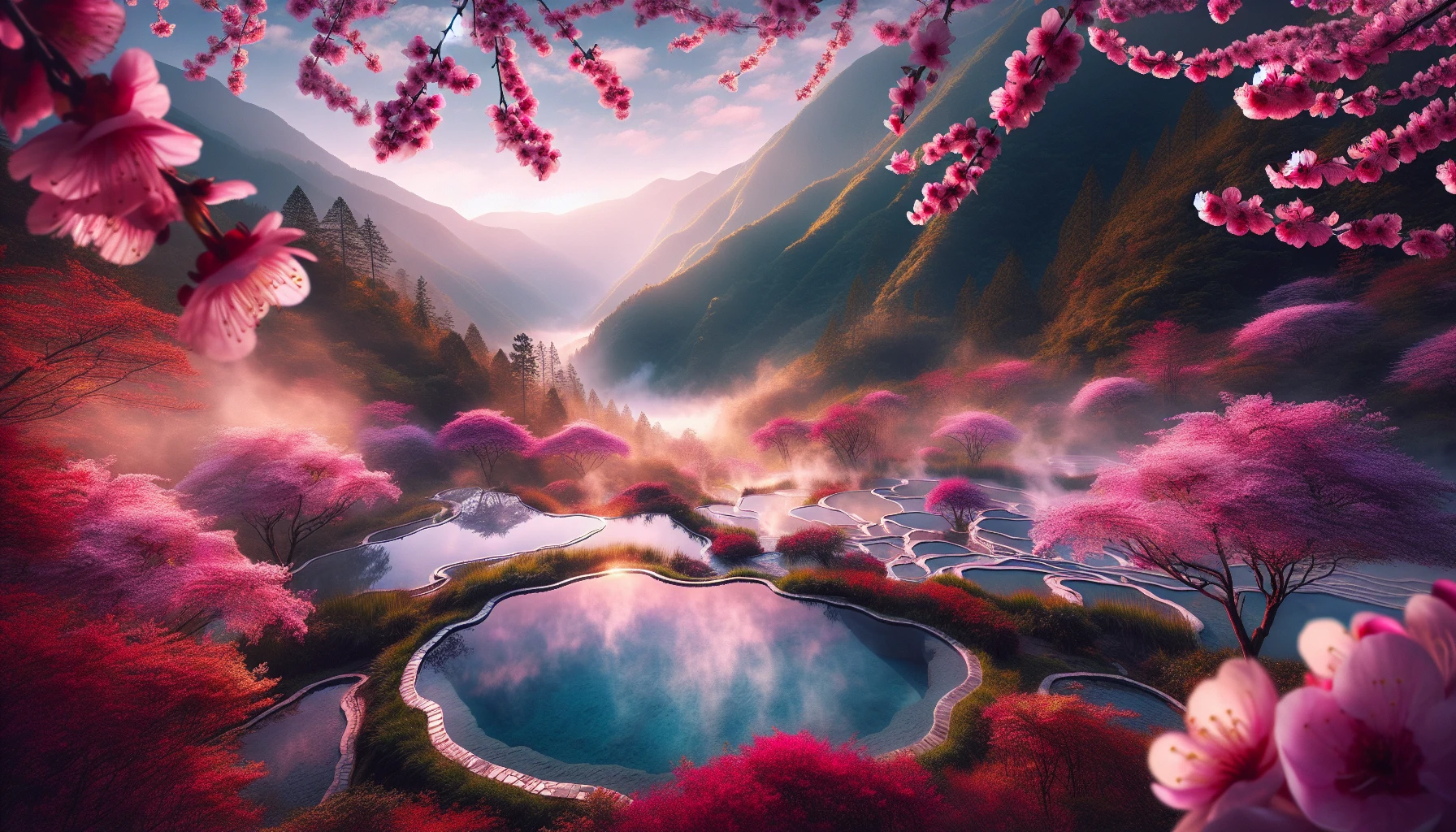 Envision a serene mountain landscape where natural hot springs bubble gently under a canopy of delicate cherry blossoms. The vibrant pink petals dance in the soft breeze, framing the steaming waters that glisten under the sun. Majestic peaks rise in the background, partially shrouded in mist, while lush greenery envelops the scene, creating a tranquil oasis that invites relaxation and contemplation.