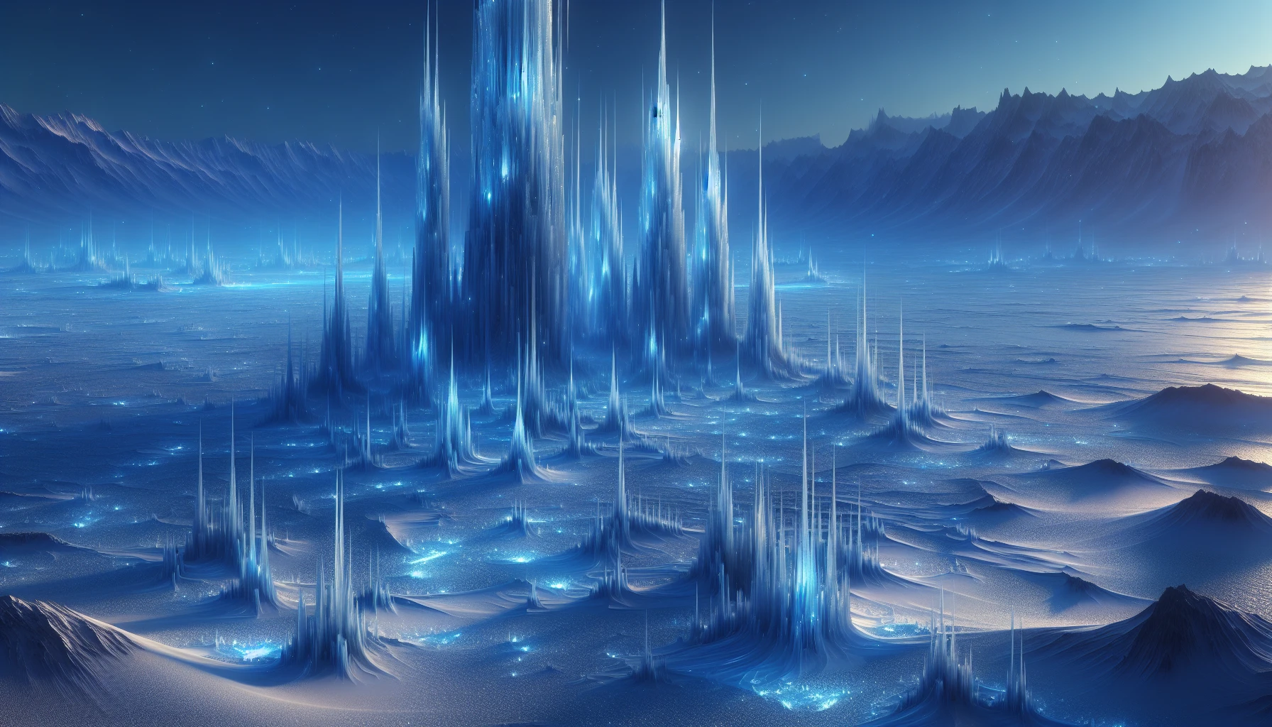 Imagine a vast, desolate tundra bathed in a cerulean glow, where endless sheets of glistening snow meet towering ice spires that rise like ancient sentinels. Jagged and ethereal, these crystalline formations pierce the sky, reflecting the soft hues of twilight. Wisps of frigid wind dance through the icy landscape, creating a hauntingly beautiful atmosphere, as the stillness of the tundra envelops all in serene silence.