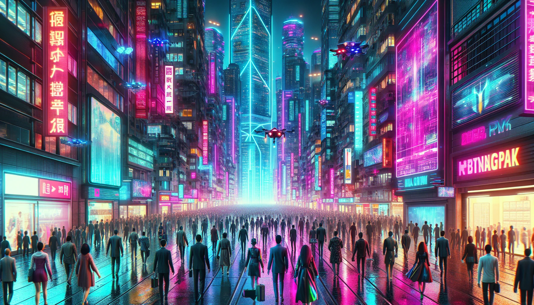 Immerse yourself in a bustling cyberpunk metropolis, where towering skyscrapers gleam with neon lights in vibrant hues of pink, blue, and green. Rain-slicked streets reflect glowing advertisements, and a diverse crowd navigates through the night, adorned in futuristic attire. Holographic displays flicker overhead, while drones zip through the sky, creating a breathtaking blend of technology and urban life in a mesmerizing, electric atmosphere.