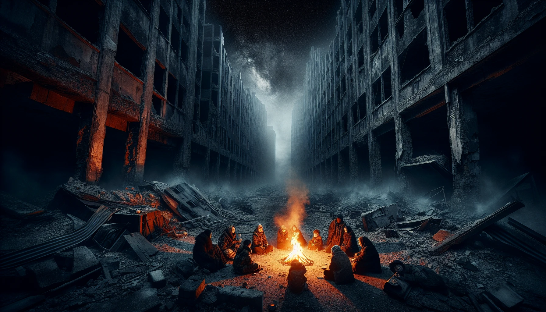 In a desolate urban landscape, a flickering campfire casts an orange glow against the crumbled concrete and shattered glass of abandoned buildings. Shadows dance on the walls, revealing remnants of a once-thriving city. Tattered blankets and makeshift seating surround the fire, where weary survivors gather, sharing stories of resilience. Above, a starless sky looms, while the distant echo of a forgotten world lingers in the air.