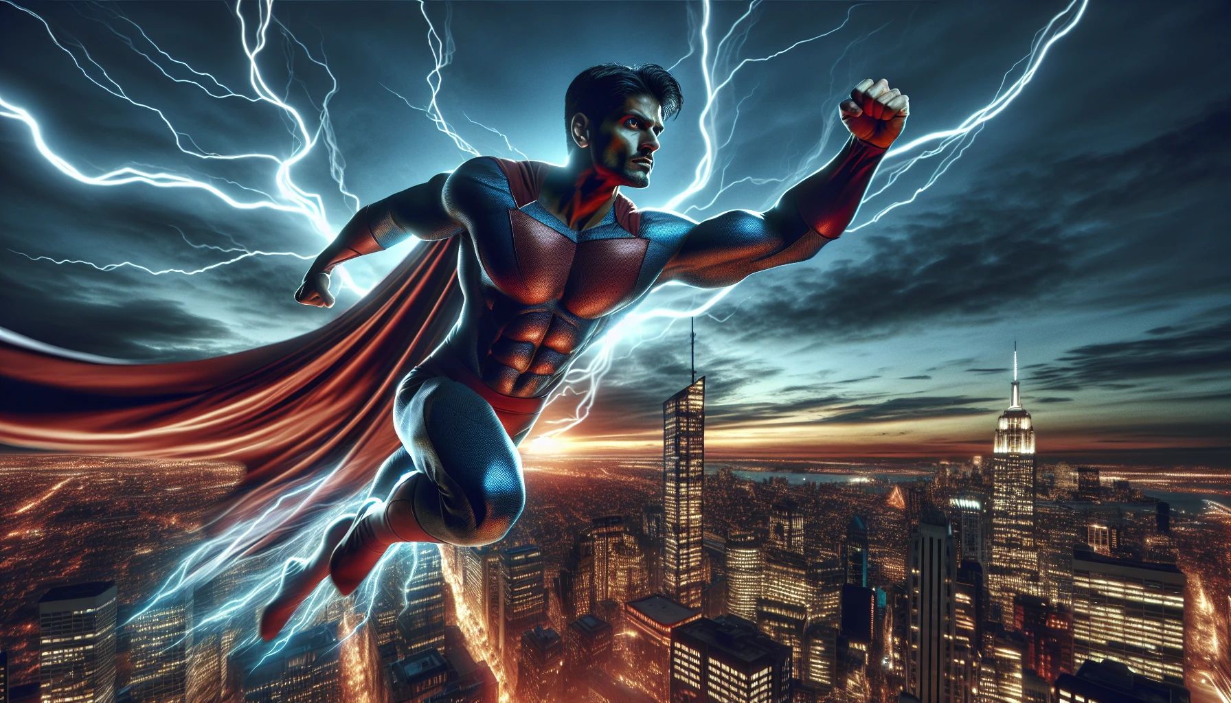 Capture an electrifying scene featuring a superhero in mid-flight, muscles tense with power and determination. The background is a city skyline at dusk, illuminated by flashes of lightning that cast dramatic shadows across the buildings. The hero's cape billows wildly, and their intense expression reflects the urgency of the moment. Emphasize the striking contrast of light and dark, adding a sense of movement and energy.