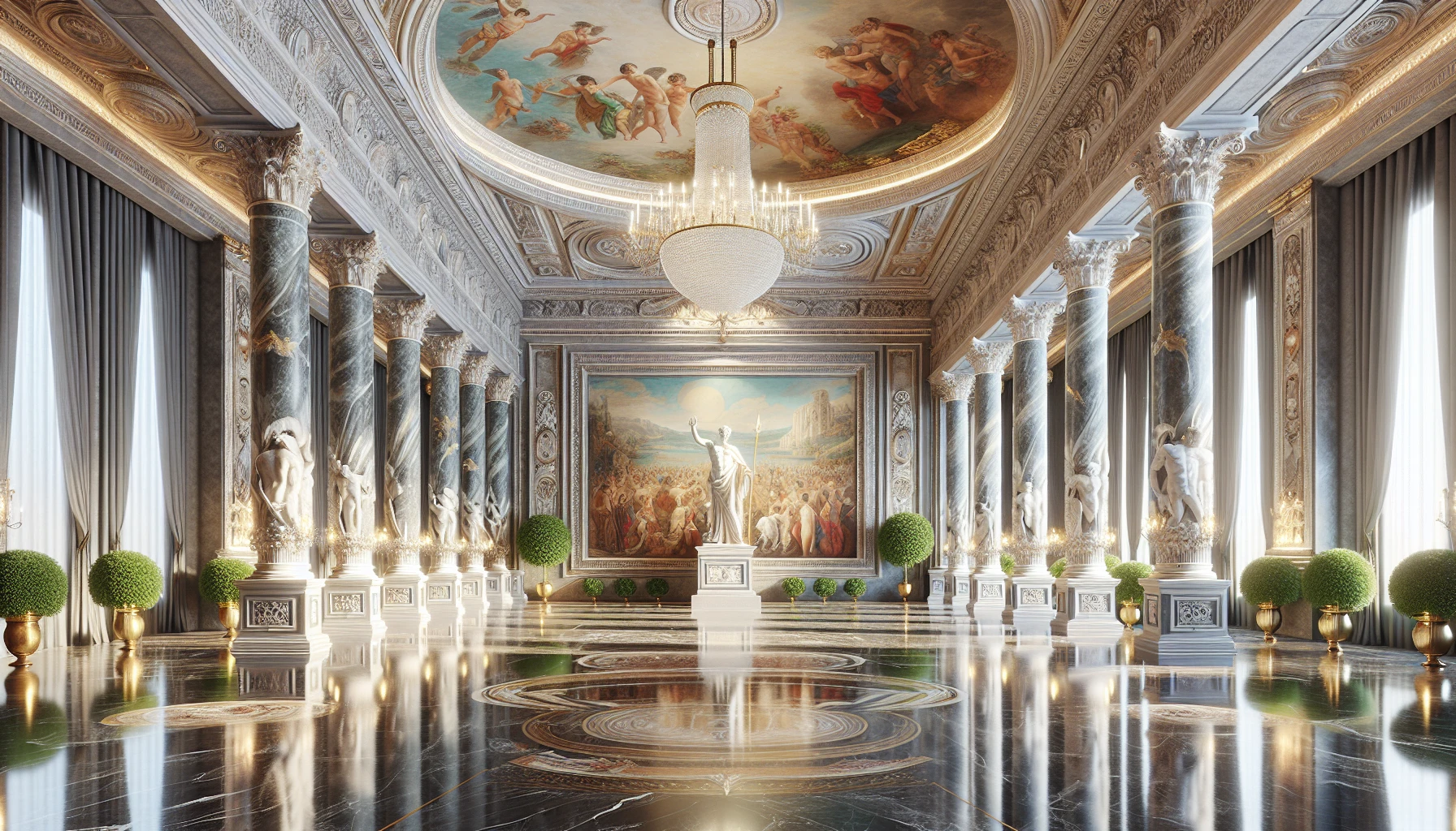 Imagine a grand hall adorned with majestic marble columns, intricate frescoes depicting mythological scenes, and sumptuous tapestries hanging from the walls. The soft glow of crystal chandeliers illuminates the space, reflecting off polished wooden floors. A central statue of a Roman deity stands proudly, surrounded by lush greenery in ornate pots, inviting viewers into a world where art and architecture beautifully intertwine, bringing classical beauty to modern times.