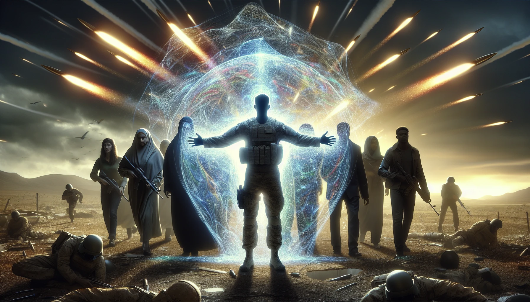 A valiant figure stands resolutely, arms outstretched, creating a protective barrier of shimmering energy around a group of allies. The scene is charged with dynamic motion as incoming projectiles streak toward them, refracted by the hero's shield. A backdrop of a war-torn landscape contrasts with the vibrant aura of safety enveloping the allies, illustrating bravery and unity in the face of overwhelming danger.