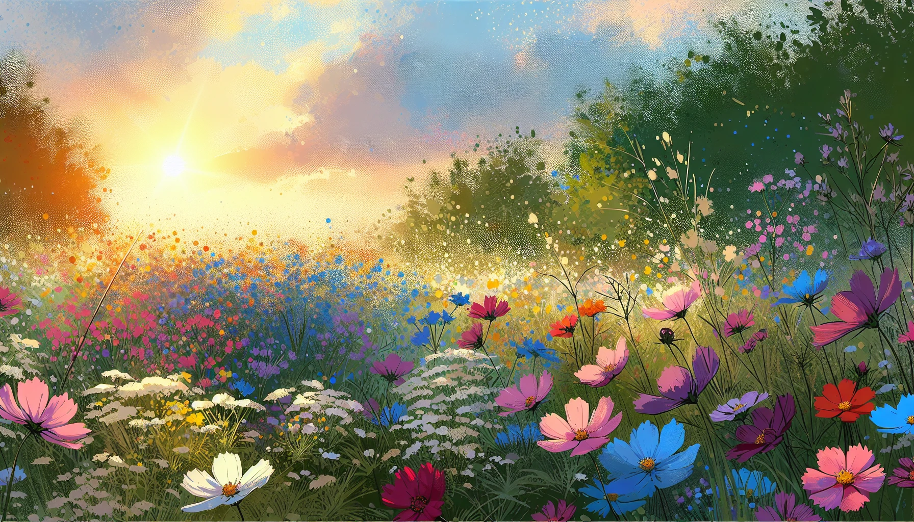 Capture the essence of a sun-drenched meadow, where wildflowers burst into a riot of colors under a gentle breeze. The sky, a canvas of swirling pastels, reflects the fleeting moments of dusk. Soft brush strokes evoke the warmth of sunlight filtering through lush trees, while dappled shadows dance playfully on the ground. This image transports you to a serene, timeless realm, celebrating nature’s ephemeral beauty.