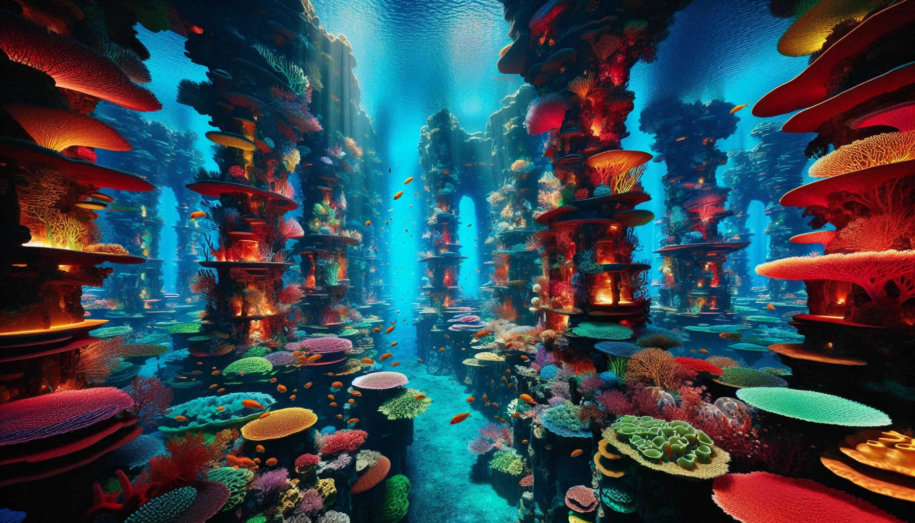 Immerse yourself in a breathtaking underwater city where vibrant coral structures rise like skyscrapers, bursting with colors of crimson, turquoise, and gold. Schools of luminescent fish weave through intricate arches of reef, while soft beams of sunlight filter down from the surface, creating a magical play of light. In this serene ocean realm, nature and architecture blend seamlessly, inviting exploration of its hidden wonders.