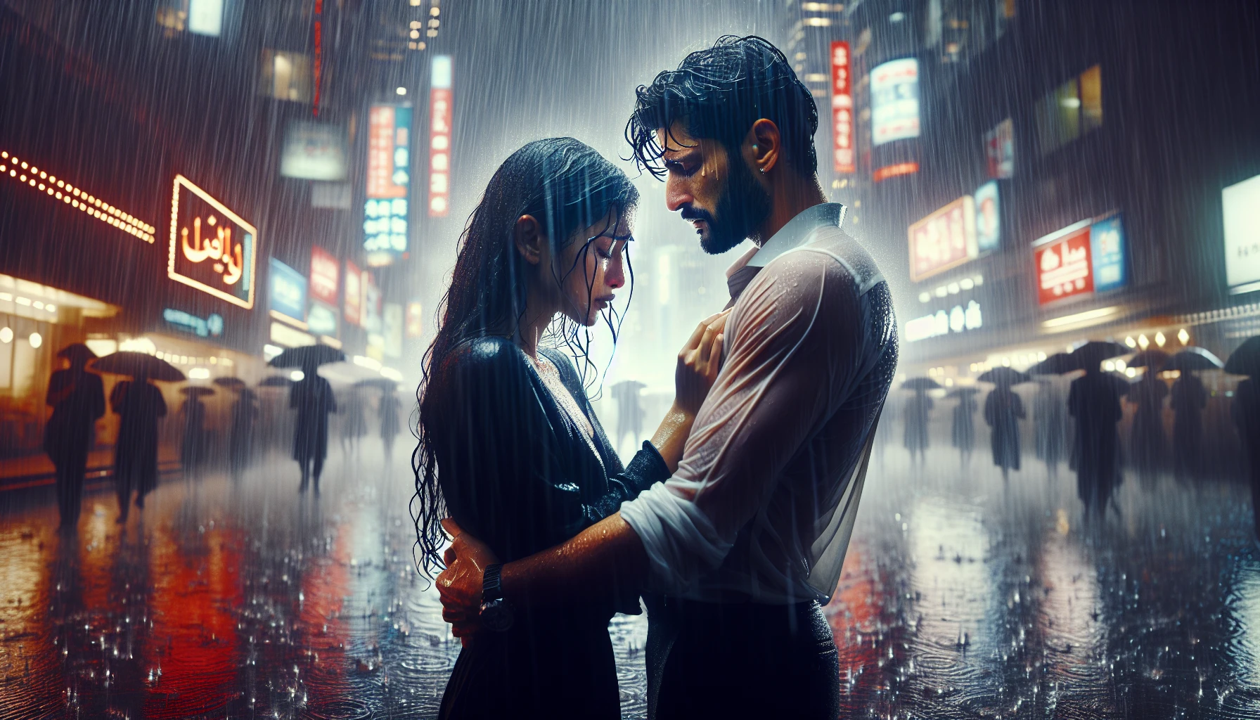 In the heart of a bustling city, two figures stand facing each other, drenched in a downpour. Their tear-streaked faces capture the raw emotion of a long-awaited reunion. Around them, blurred lights reflect on wet pavement, creating a dreamlike atmosphere. The rain intensifies, but their embrace is warm and tight, symbolizing love’s resilience against the storm. Each droplet dances around them, echoing their heartfelt connection.