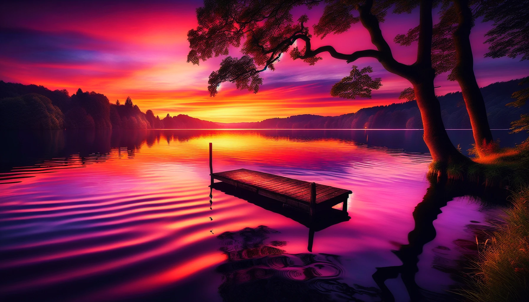 Capture the breathtaking beauty of a tranquil lake at sunset, where the sky is ablaze with hues of orange, pink, and purple. Soft ripples dance across the water's surface, reflecting the vibrant colors above. Silhouetted trees frame the scene, their branches gently swaying in the evening breeze. Below, a small wooden dock extends into the lake, inviting viewers to lose themselves in this serene, picturesque moment.