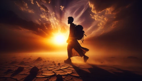 A solitary figure traverses a sun-baked landscape, their silhouette stark against the rugged, cracked earth beneath their feet. Dust swirls in the dry air, casting an ethereal glow as the sun dips below the horizon, painting the sky in hues of orange and purple. The traveler clutches a weathered backpack, embodying resilience and hope amidst the desolation, as they journey toward the unknown.