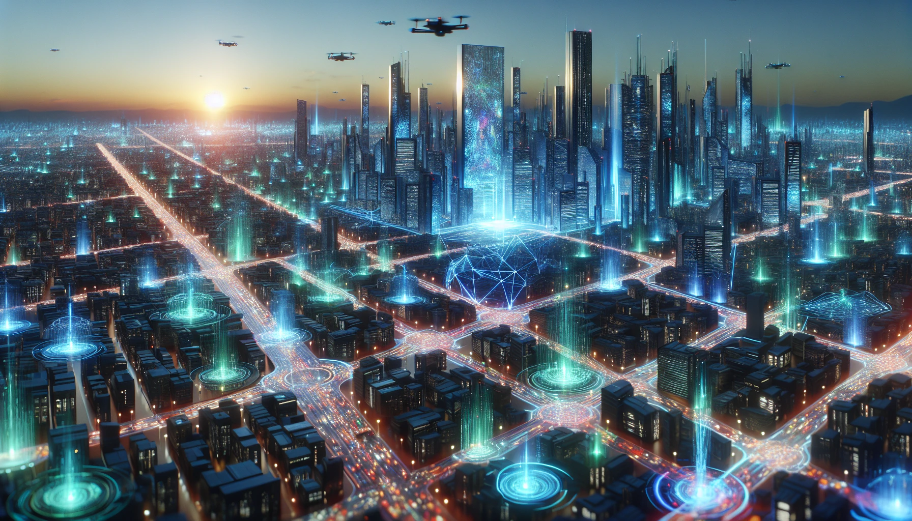 Imagine a sprawling metropolis at twilight, where towering skyscrapers glisten with holographic advertisements and illuminated billboards. Pulsating data streams of vibrant blues and greens flow through the streets, weaving between pedestrians and autonomous vehicles. The air hums with digital whispers as drones flit overhead, capturing the essence of a city alive with technology. This is a futuristic haven where information and life intertwine seamlessly.