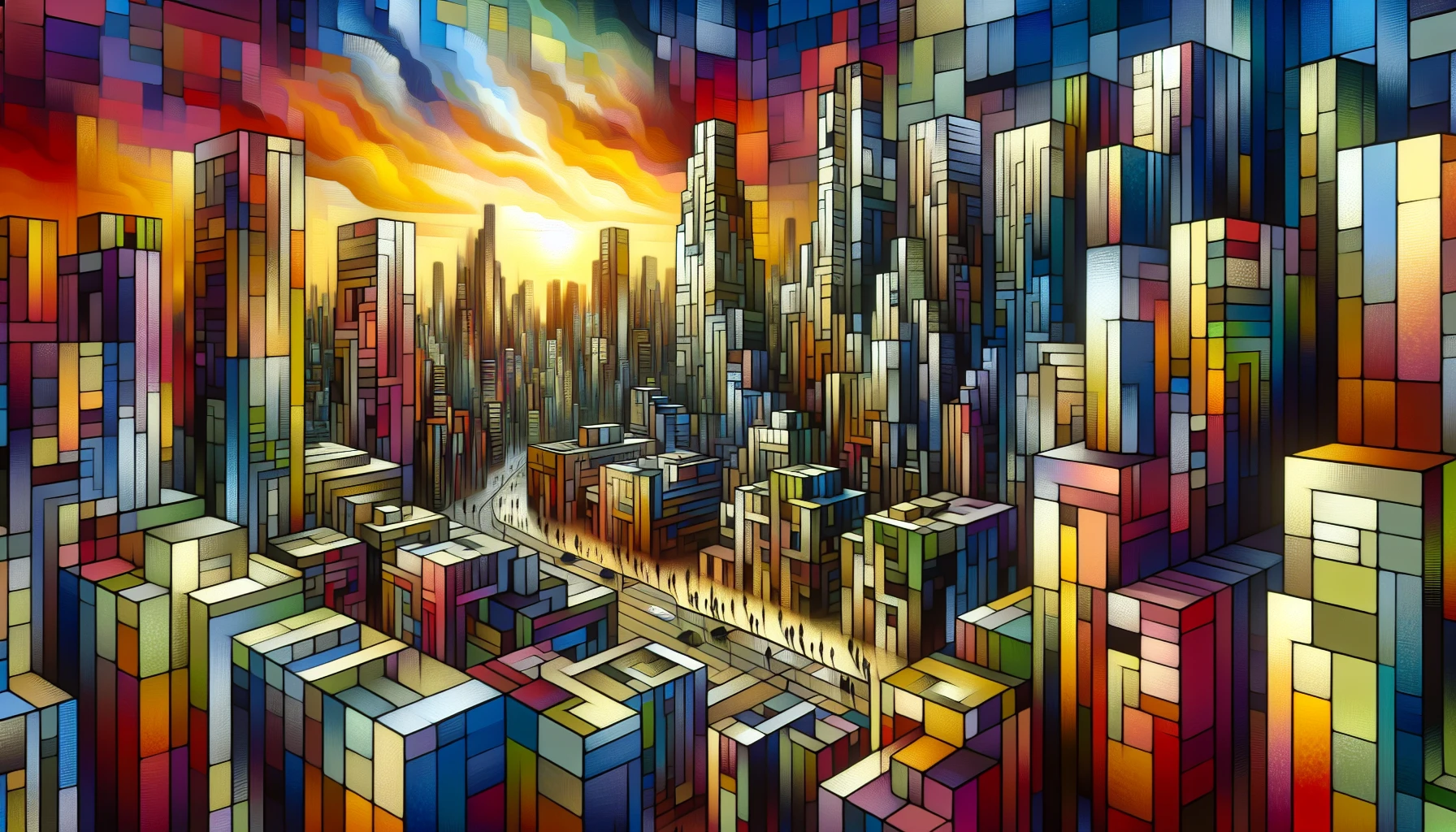 Imagine a bustling city transformed through the lens of Cubism, where buildings twist and fragment into colorful planes of geometric shapes. The scene pulsates with energy, as overlapping perspectives create a dynamic rhythm across the cityscape. A vibrant sunset spills hues of orange and pink, while faceless figures navigate the streets, embodying the spirit of urban life in this avant-garde visual symphony.