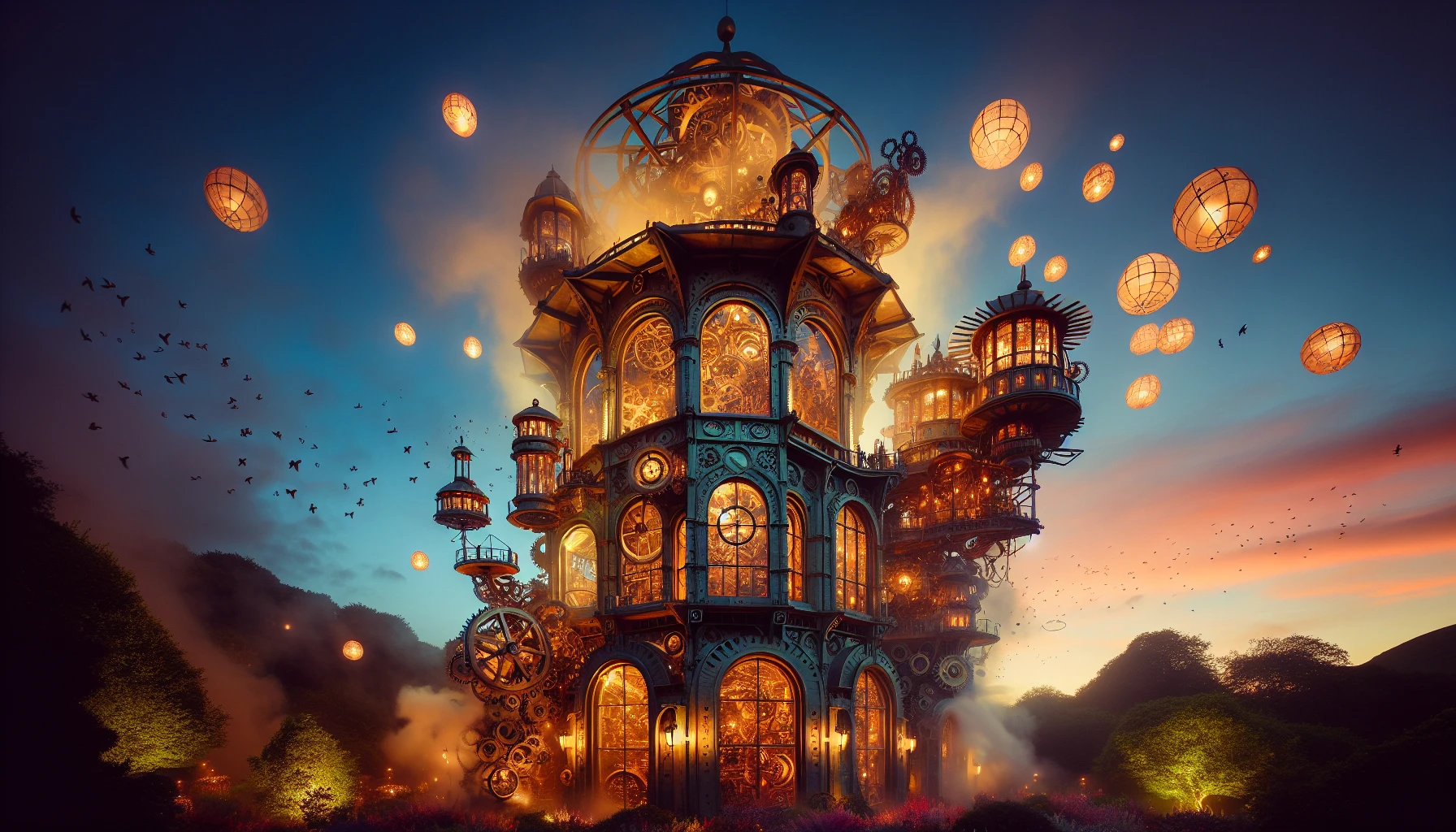 Imagine a magnificent clockwork tower rising high against a twilight sky, its intricate gears and cogs visible through ornate glass panels that glow with warm golden light. Wisps of steam escape from the tower as tiny glowing orbs float around it, illuminating lush gardens below. The air is filled with a soft chime of bells, and shadows dance as the last rays of sunlight give way to a magical evening.