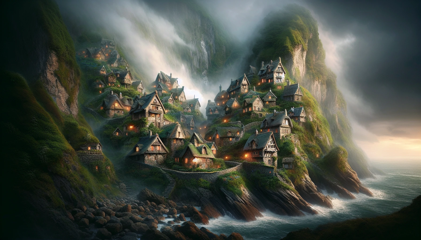 Envision a quaint village perched on a rugged cliff, shrouded in a mystical fog that blankets the landscape. Charming stone cottages with thatched roofs peek through the mist, their warm lights glowing softly. Below, waves crash against jagged rocks, while lush greenery clings stubbornly to the cliffs. The air is thick with the scent of salt and earth, inviting the viewer into a serene, dreamlike world where nature and humanity harmoniously coexist.