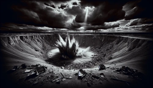 In a stark landscape, a massive bomb crater dominates the scene, its jagged edges revealing the scars of destruction. Sunlight filters through ominous clouds, casting eerie shadows across the surrounding debris. Scattered remnants of twisted metal and shattered concrete lie strewn about, while the ground is stained with the remnants of chaos. The air is thick with a haunting silence, evoking the weight of history and loss.