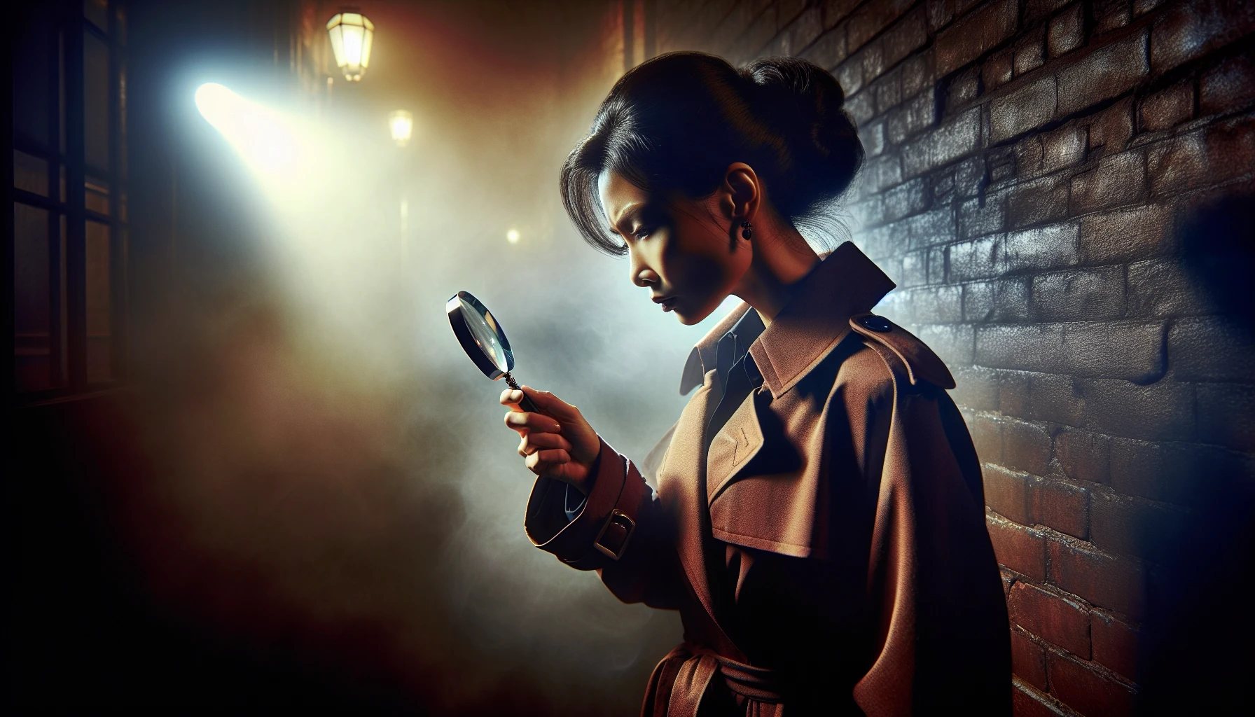 Capture a moody scene featuring a classic detective clad in a trench coat, intently examining clues with a gleaming magnifying glass. The backdrop should be a foggy, dimly lit alleyway, with shadows dancing on brick walls, and a faint glow from a nearby streetlamp. Rich textures of the coat and atmospheric lighting evoke a sense of mystery, inviting viewers to step into a thrilling noir tale.