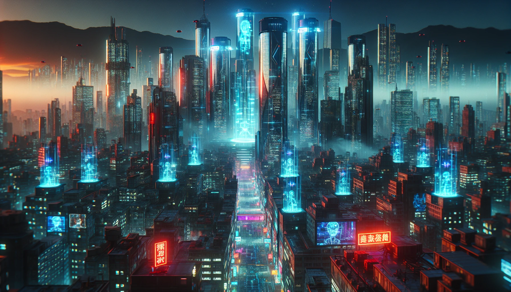 In a dystopian future, AI-powered police patrol the sprawling chrome urban landscape, their sleek silhouettes illuminated by vibrant red and blue neon reflections. Towering skyscrapers loom overhead, adorned with flickering holographic advertisements. Dark alleys pulse with the eerie glow of artificial lights, while the hum of drones fills the air. This hauntingly beautiful scene captures a world where law enforcement and technology intertwine in a tense, electrifying dance.