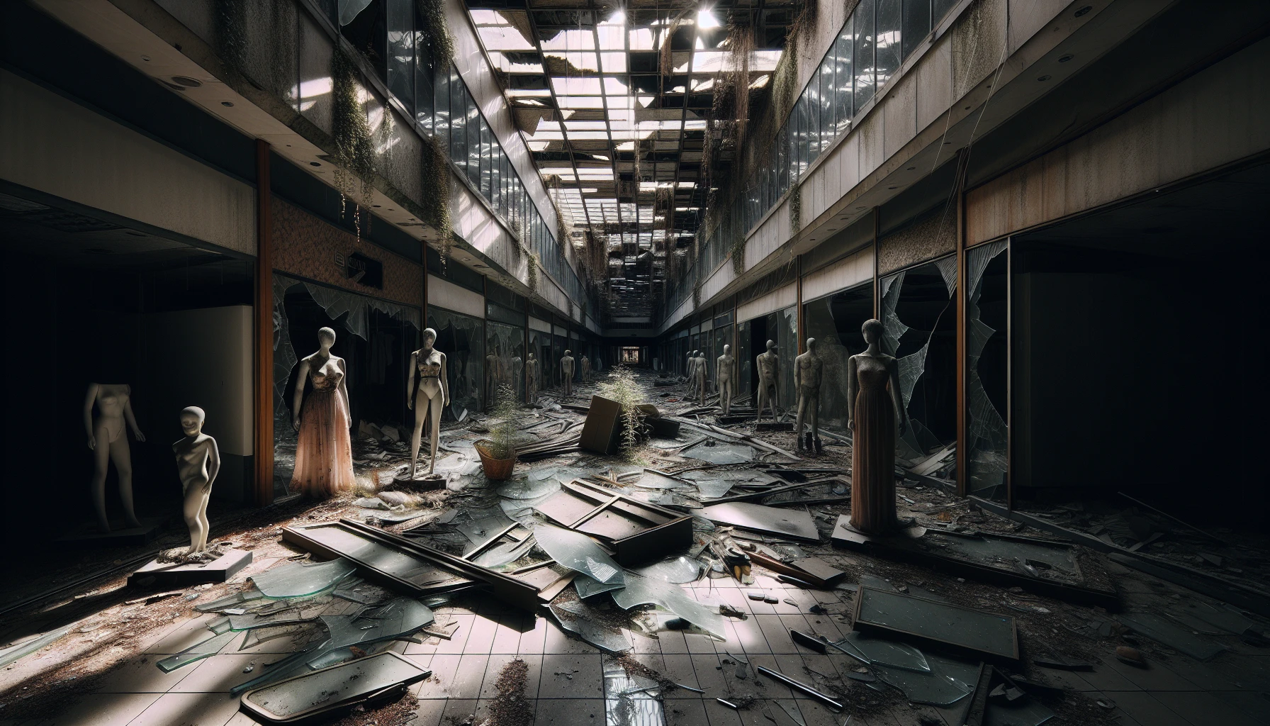 In this haunting image, a once-vibrant mall stands silent, its abandoned corridors littered with shattered glass and debris. Sunlight filters through broken windows, casting eerie reflections on the cracked tile floor. Scattered mannequins, draped in dust, tell tales of forgotten shoppers. Weeds creep through the cracks, asserting nature's claim over urban decay, creating a poignant contrast between time lost and resilience.