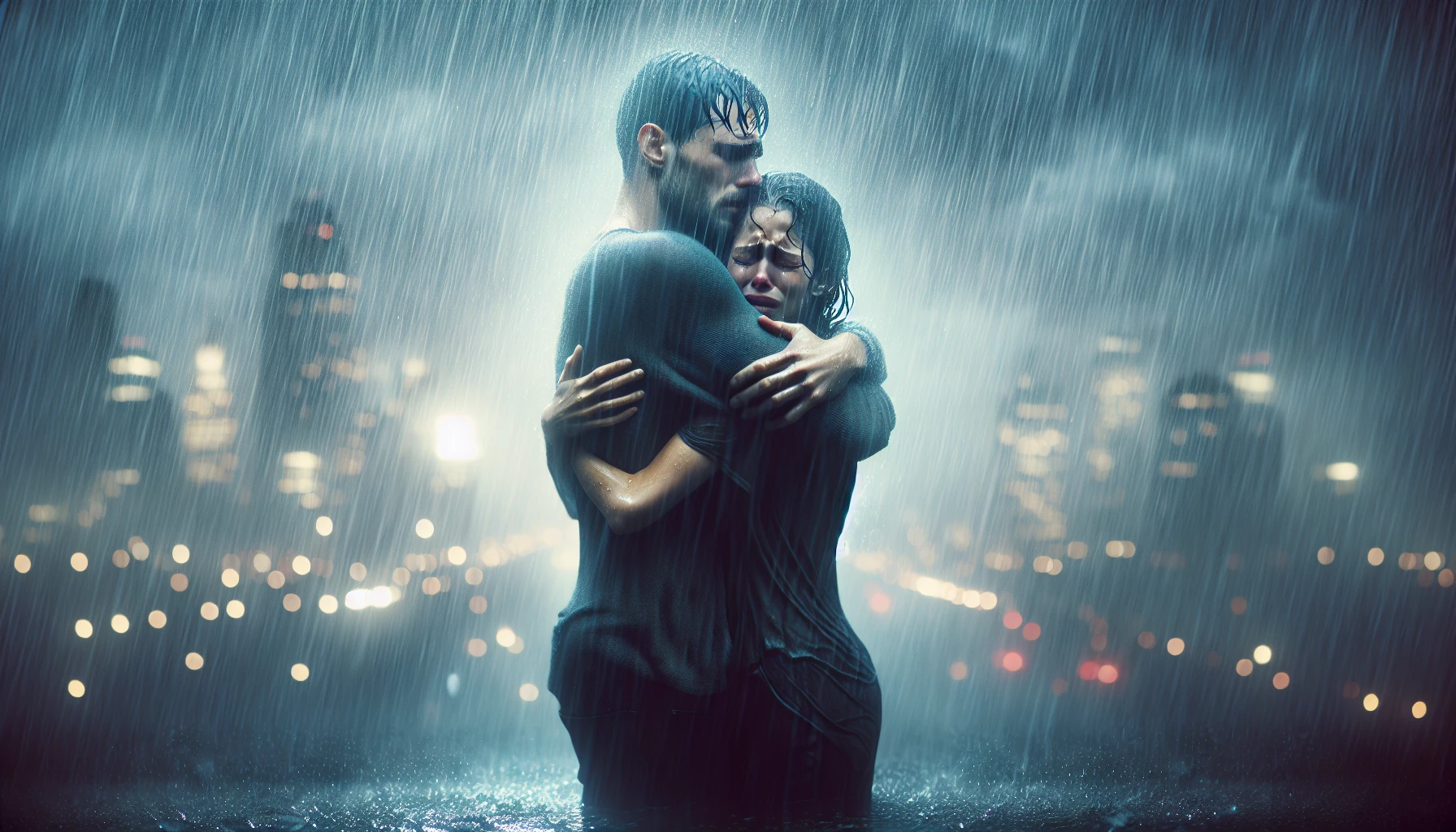 Capture a poignant moment of two figures embracing under a dark, stormy sky, droplets cascading around them. Their expressions reflect a mix of joy and sorrow, tears blending with the rain as they are enveloped in warmth despite the chilly downpour. The background features blurred city lights shimmering through the mist, enhancing the emotional intensity and creating a cinematic atmosphere that celebrates love and connection in adversity.