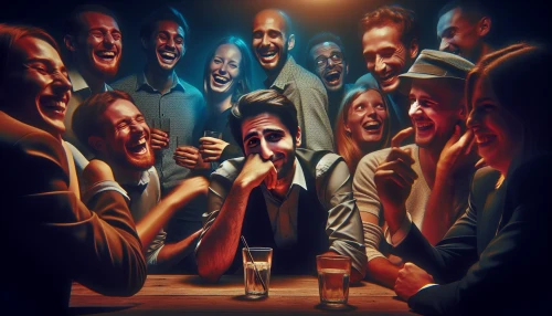 Imagine a lively gathering filled with friends, where laughter echoes and conversations blend. In the center, a person chuckles nervously, their face a mix of embarrassment and humor. Surrounding them, quirky facial expressions from others amplify the tension, while a spilled drink adds to the chaos. Soft lighting casts playful shadows, creating an atmosphere ripe for spontaneous hilarity amidst the unease.