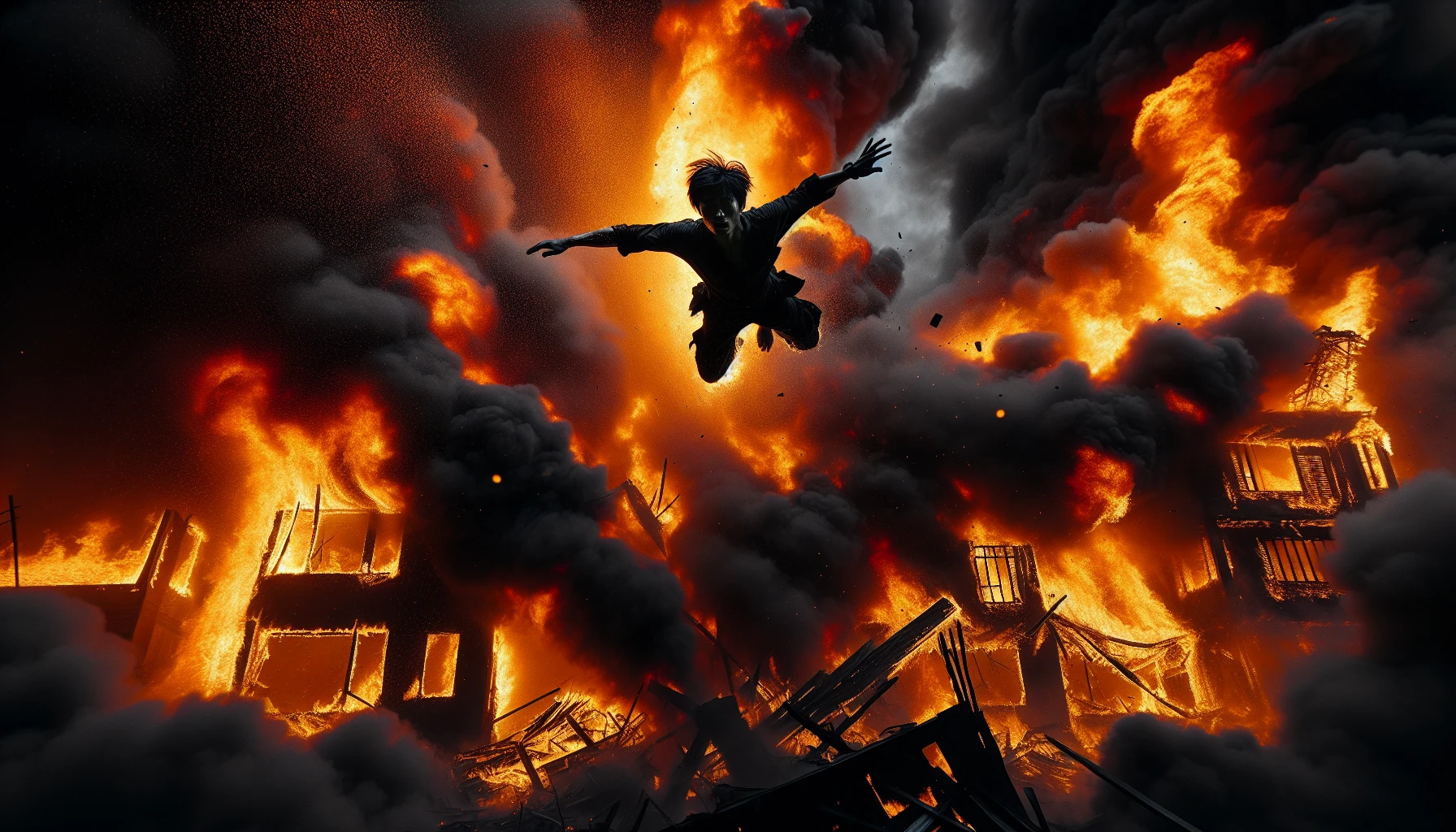 A daring figure bursts from the flames of a towering inferno, silhouetted against a backdrop of chaos and orange hues. Their expression is a blend of determination and fear as they soar through the air, surrounded by embers and smoke. Below, the remnants of the building crumble, highlighting the gravity of their escape. The scene blends the urgency of survival with the raw beauty of flames, creating a captivating moment frozen in time.