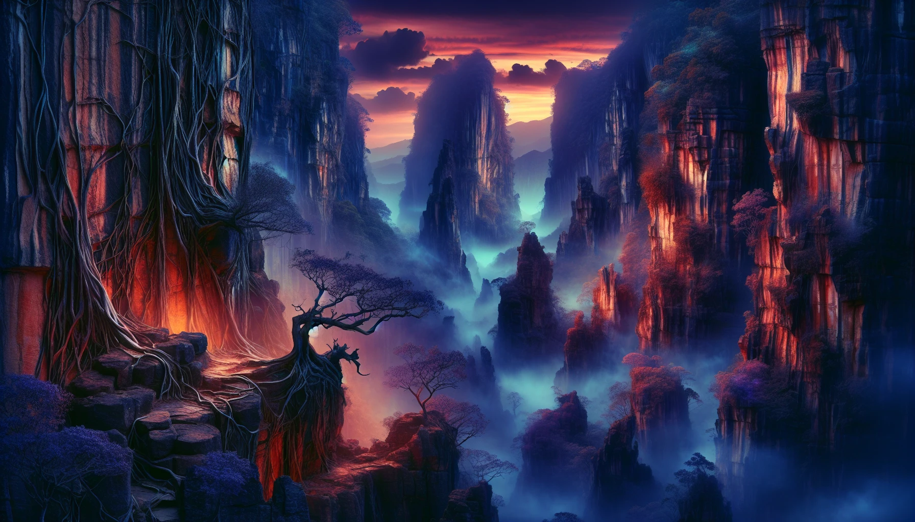 Picture a breathtaking canyon bathed in the soft glow of twilight, where deep, rich hues of indigo and burnt orange dance across the rugged cliffs. Ethereal mists weave through the rock formations, creating an otherworldly atmosphere. Ancient trees cling to the edges, their roots entwined with shimmering crystals that reflect the last light of day. The air sparkles with magic, inviting viewers to explore its hidden secrets.