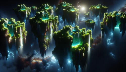 Imagine a surreal landscape where vibrant, floating islands hover in the vastness of space, each crowned with lush greenery and cascading waterfalls that plunge into the infinite void below. Glimmering stars twinkle in the deep black backdrop, while the mist from the waterfalls creates a mystical atmosphere. Ethereal lights illuminate the islands, casting reflections on a shimmering, unseen surface far beneath, capturing the awe of this otherworldly scene.