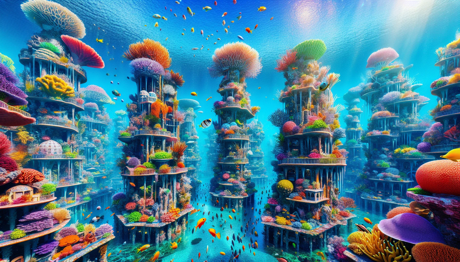 Dive into a mesmerizing underwater city, where vibrant coral structures rise like skyscrapers teeming with life. Exotic fish dart between luminescent corals, while rays of sunlight filter through the crystal-clear water, creating a kaleidoscope of colors. A bustling marketplace of sea creatures showcases their wares, and intricate marine architecture intertwines with nature, revealing a harmonious blend of artistry and ecology in this breathtaking aquatic realm.