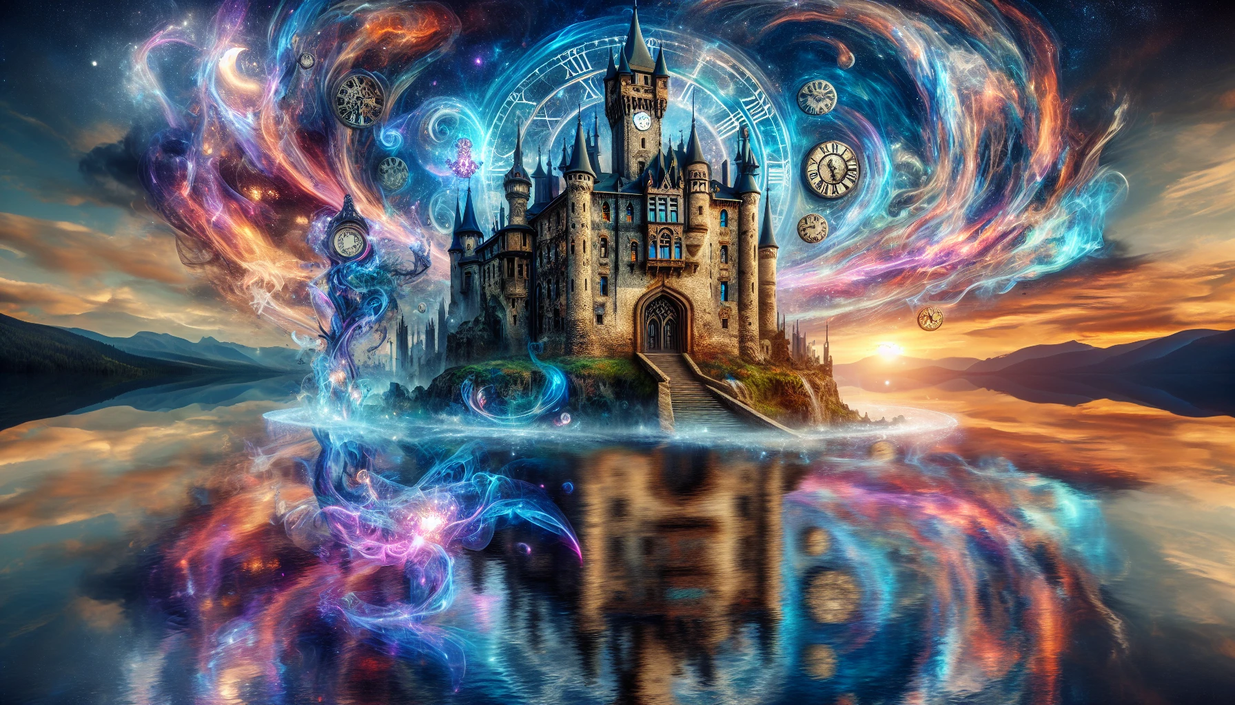 Timeless Fortress in the Vortex  
A majestic castle stands suspended in a swirling time vortex, its ancient stone walls glistening with iridescent hues. Ethereal wisps of energy and clock gears float around, blending past and future in a dance of color. The sky is a canvas of twilight blues and purples, with stars peeking through the swirling mists. Below, a shimmering river of time flows, reflecting the castle's grandeur and mysteries untold.