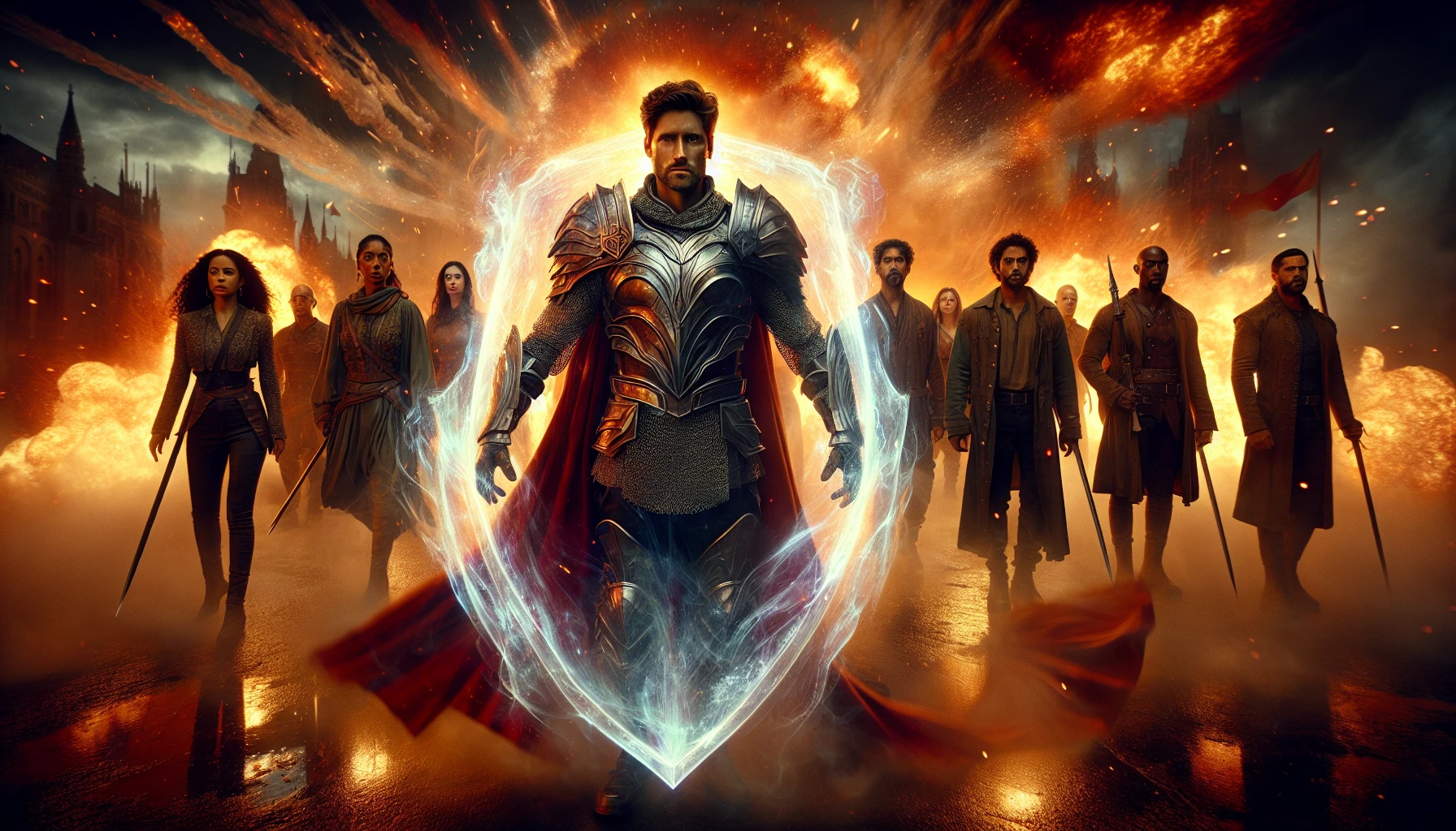 In a dramatic scene set against a fiery battlefield, a heroic figure stands resolutely, arms stretched wide as a shimmering, translucent shield envelops a group of diverse allies behind them. The character, clad in ornate armor, emanates a fierce, protective aura. Explosions and chaos swirl around them, but the shield gleams with an ethereal light, symbolizing hope and courage in the face of imminent danger.