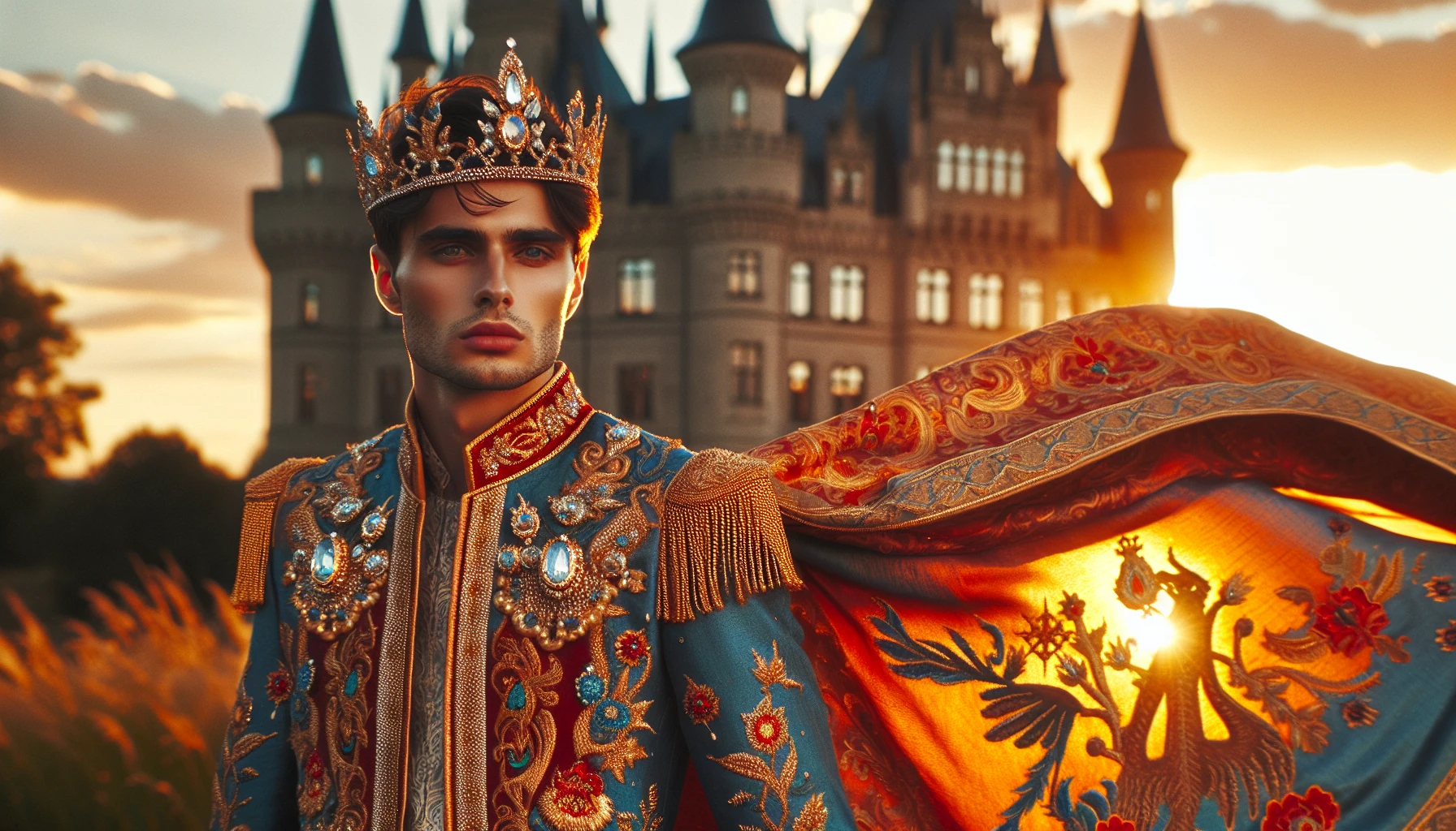 In a stunning scene, a young prince stands proudly, draped in a luxurious royal cape that flows majestically behind him. His vibrant attire glimmers with golden embroidery, reflecting the rich history of his kingdom. A crown of intricate jewels rests atop his head, while his eyes sparkle with ambition and bravery. The backdrop features a grand castle against a sunset, casting a warm, golden glow over his princely stature.