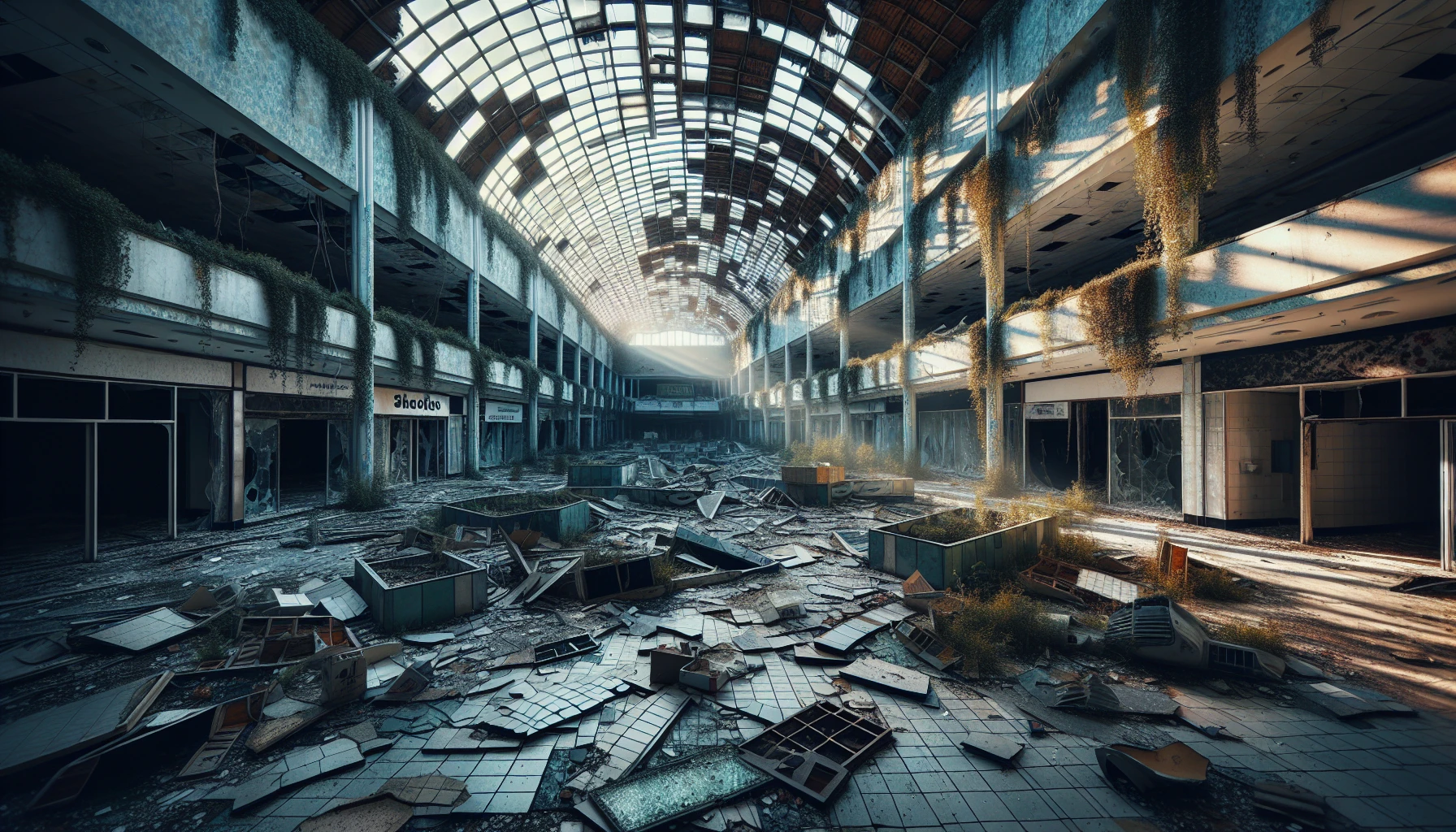 Capture the haunting beauty of a desolate mall, where shattered glass and debris litter the once-vibrant spaces. Sunlight filters through broken windows, casting eerie shadows upon faded storefronts and empty food courts. Vines creep through cracks in the tiled floor, reclaiming the space as nature's own. The air is thick with silence, interrupted only by the distant echo of memories long forgotten.