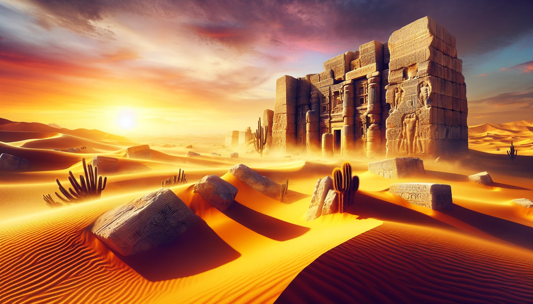 A majestic scene unfolds in a vast, sun-soaked desert where the remnants of an ancient civilization rise from the golden sands. Towering stone structures, adorned with intricate carvings, are partially buried, their weathered surfaces telling tales of time. Wisps of wind carry whispers of the past, while a solitary cactus stands guard, casting long shadows as the sun dips below the horizon, painting the sky in hues of orange and purple.