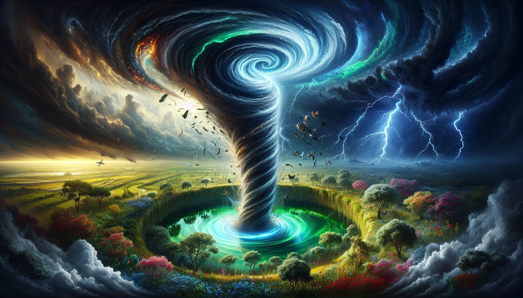 In a dramatic scene, the eye of a tornado reveals a serene, almost otherworldly landscape within its swirling chaos. Vivid greens and blues contrast against the dark, ominous clouds spiraling outward. Flashes of lightning illuminate the scene, while gusts of wind send debris spiraling into the vortex. The calm center of the tornado reveals a shimmering lake, untouched by the storm, surrounded by lush vegetation and vibrant flowers.