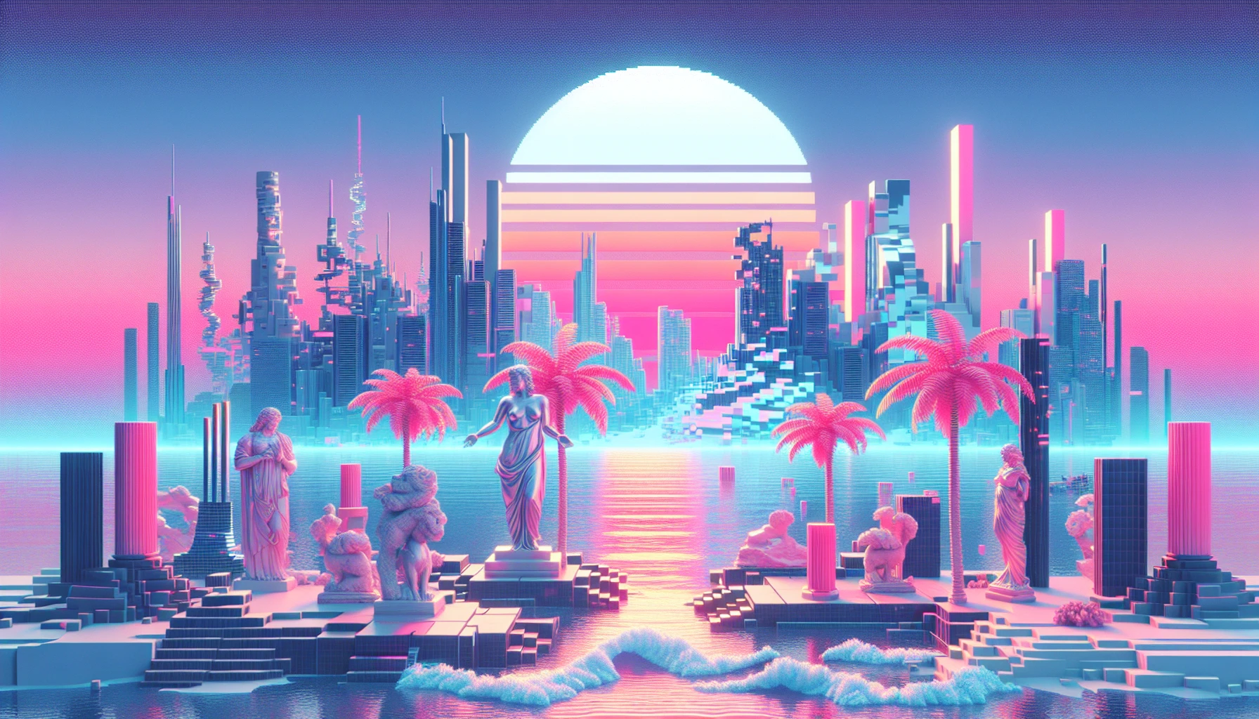 A vibrant, ethereal landscape infused with the essence of vaporwave aesthetics. Imagine a retro-futuristic cityscape bathed in pastel pinks and icy blues, where palm trees sway under a pixelated sunset. Glitch art elements dance across the scene, and surreal statues evoke a sense of nostalgic wonder. The air is thick with the ambiance of soft synth music, inviting viewers to lose themselves in this dreamlike realm.